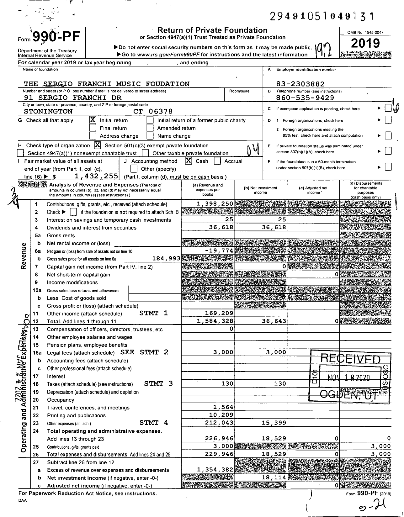 Image of first page of 2019 Form 990PF for The SERGIO FRANCHI MUSIC FOUnDATION