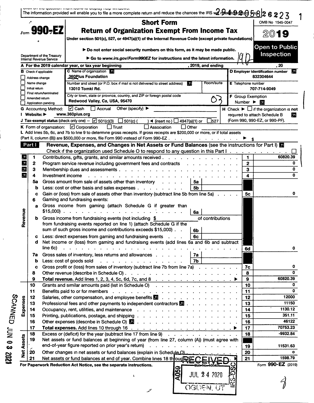 Image of first page of 2019 Form 990EZ for 360plus Foundation