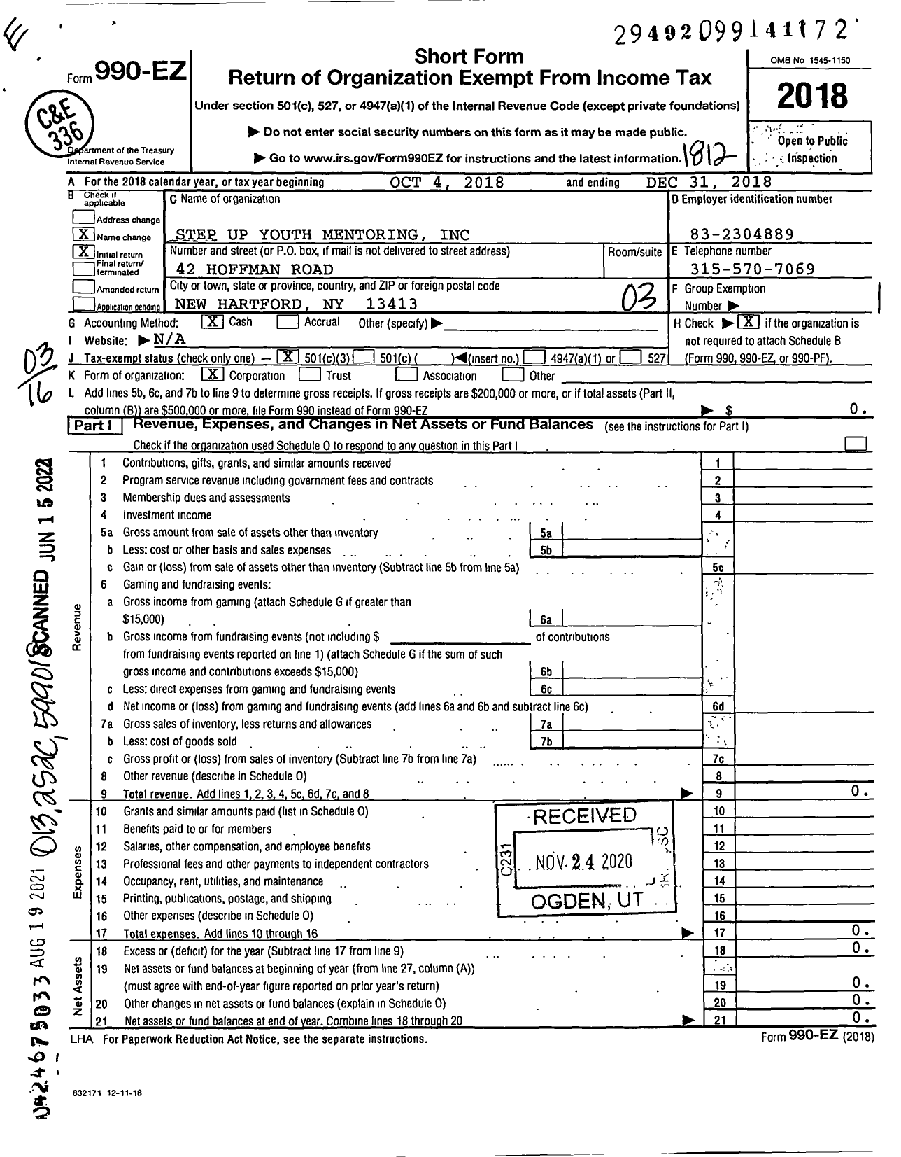 Image of first page of 2018 Form 990EZ for Step Up Youth Mentoring