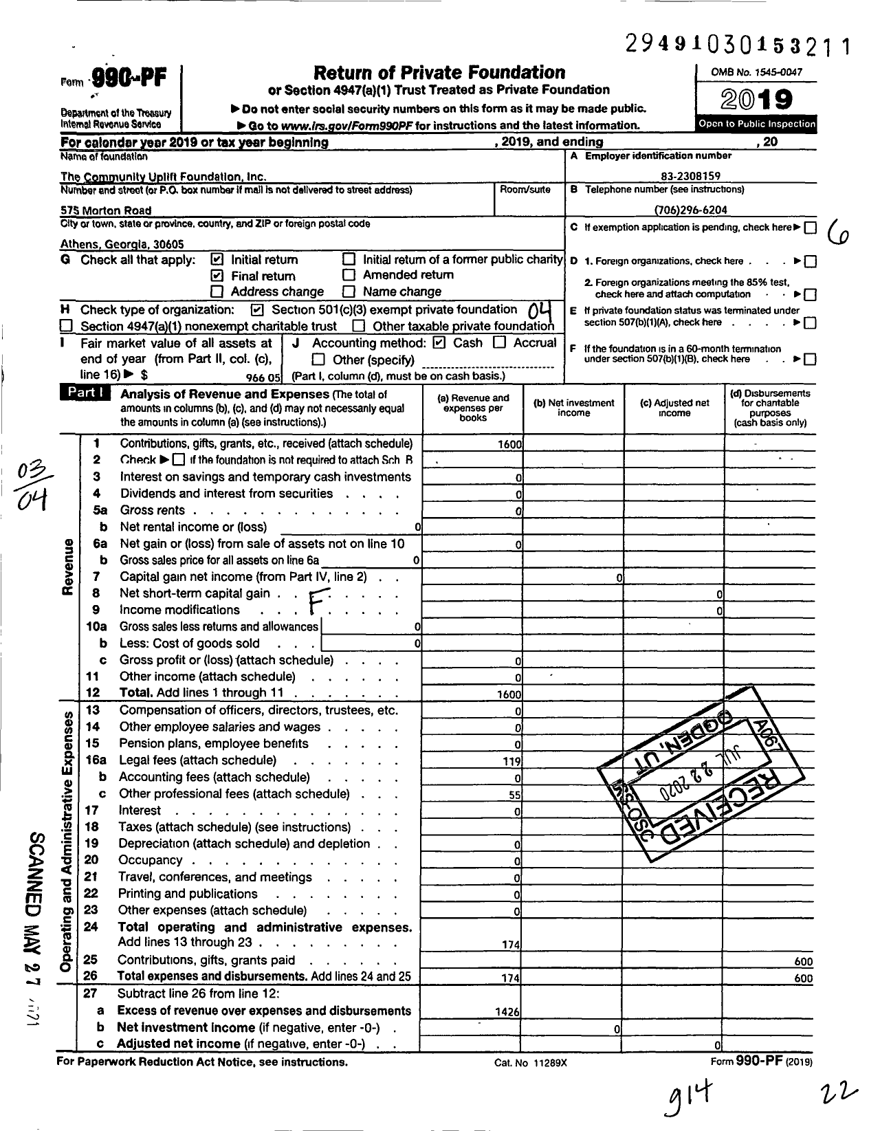 Image of first page of 2019 Form 990PF for Community Uplift Foundation