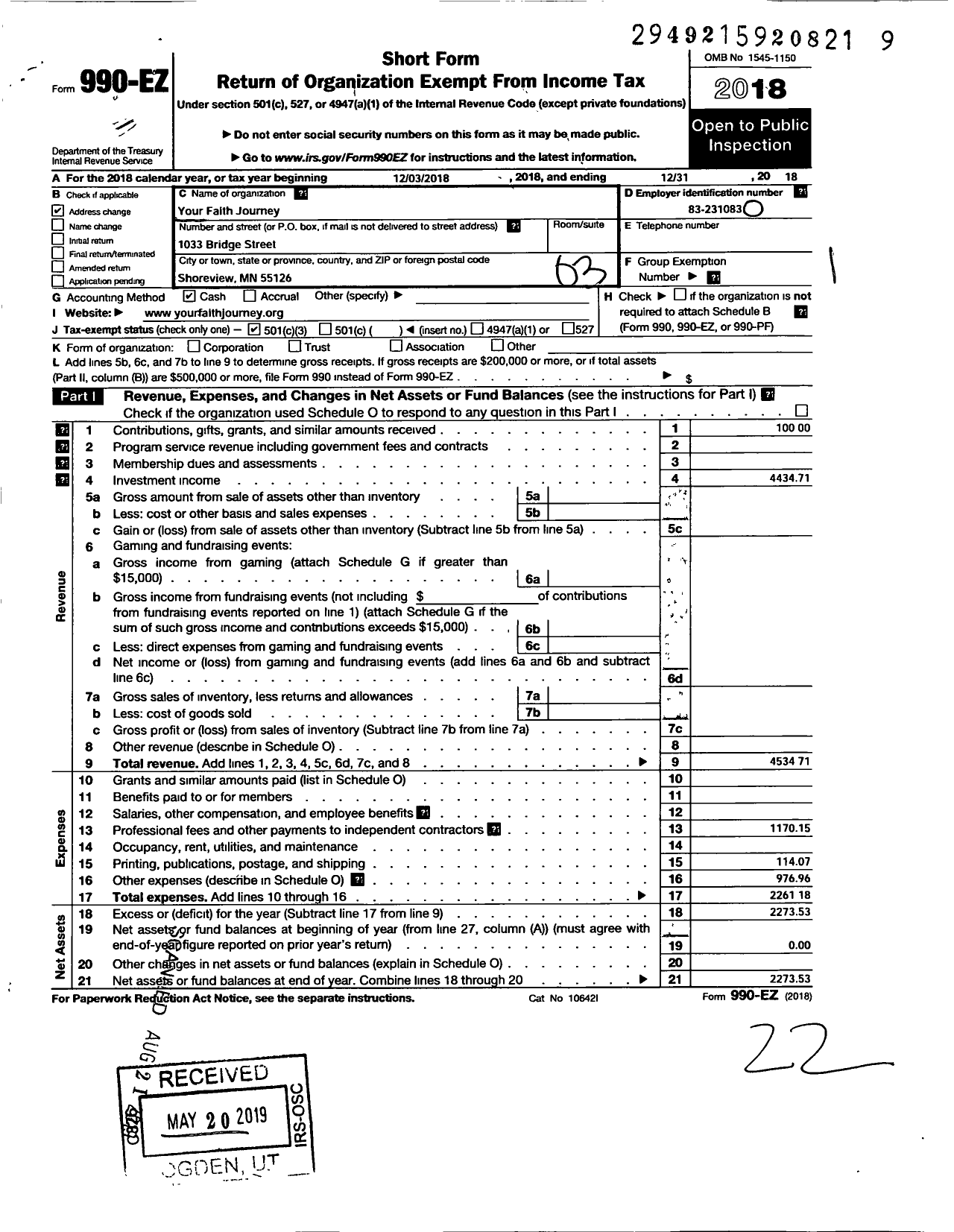 Image of first page of 2018 Form 990EZ for Your Faith Journey