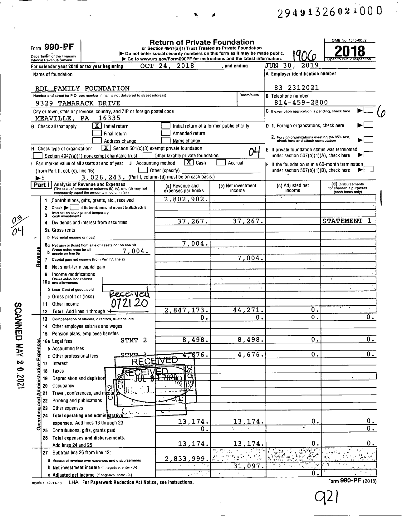 Image of first page of 2018 Form 990PF for RDL Family Foundation