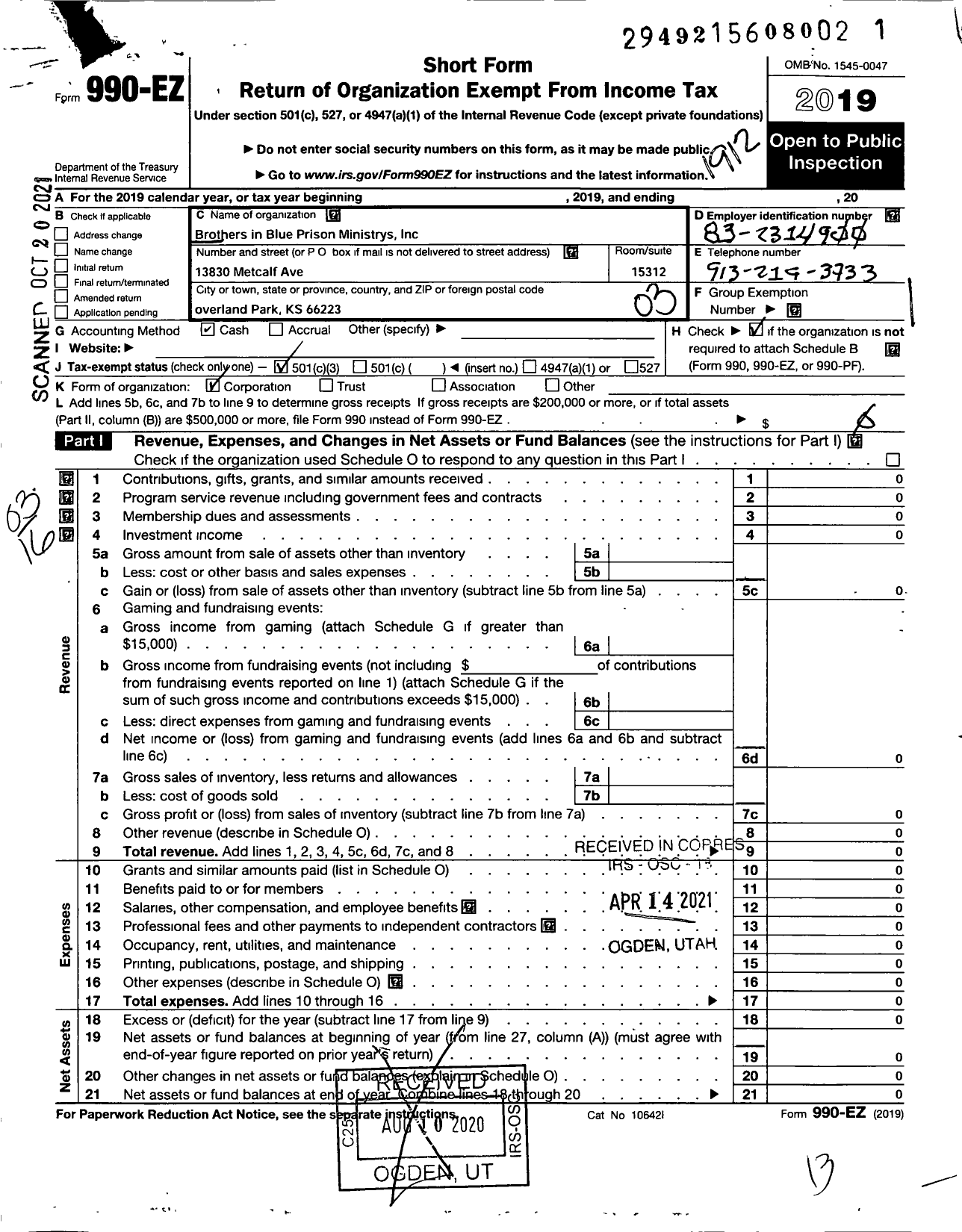 Image of first page of 2019 Form 990EZ for Brothers in Blue Prison Ministry