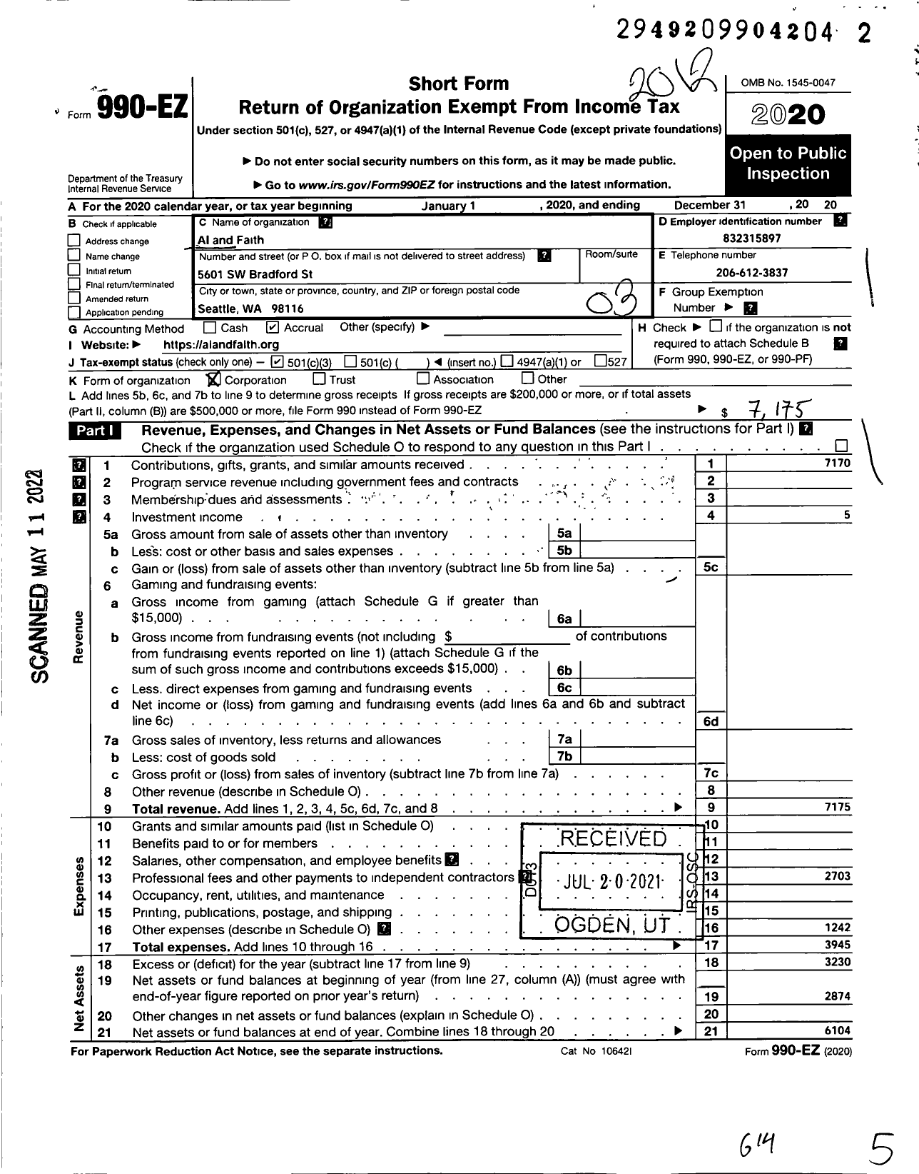 Image of first page of 2020 Form 990EZ for Ai and Faith