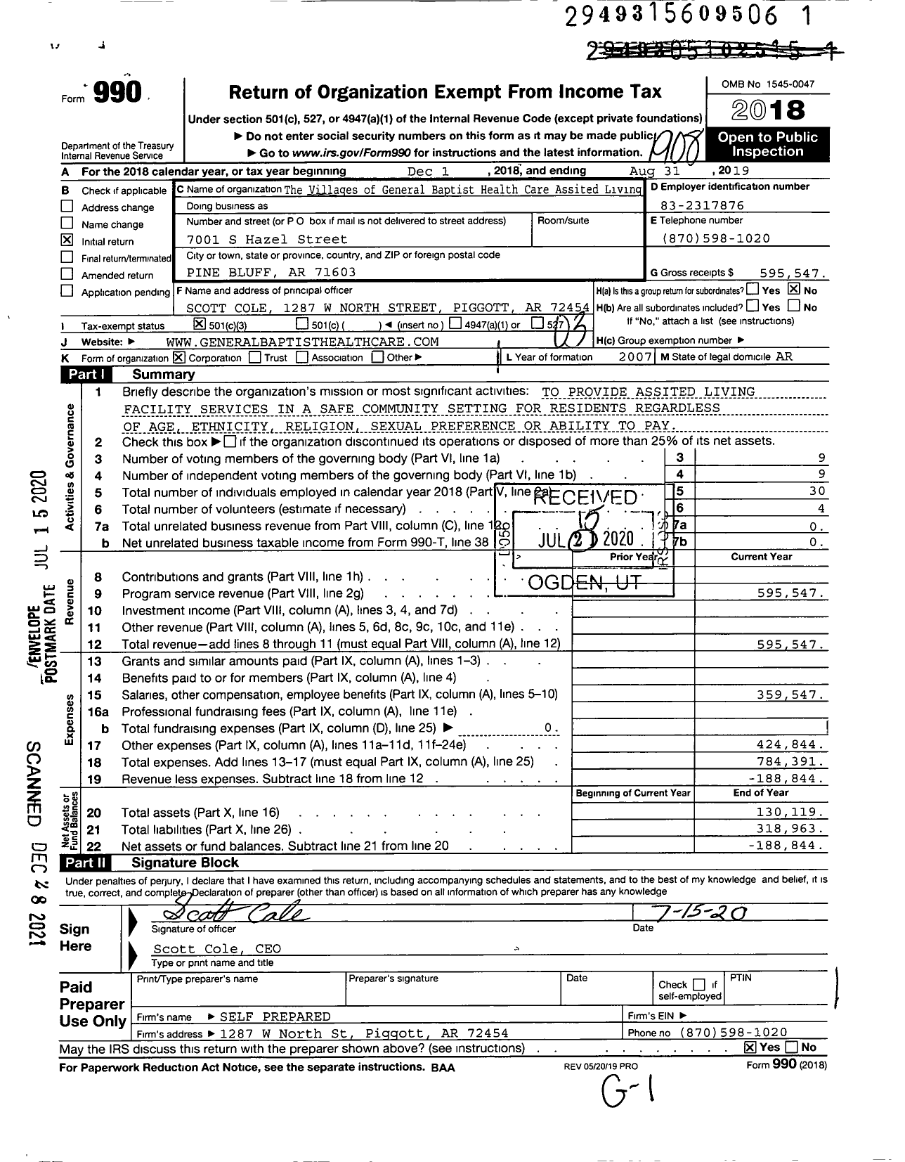 Image of first page of 2018 Form 990 for The Villages of General Baptist Healthcare Assisted Living