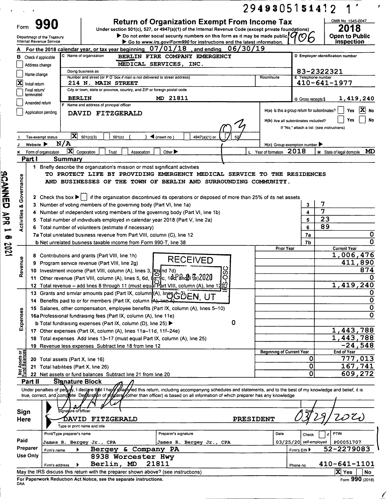 Image of first page of 2018 Form 990 for Berlin Fire Company Emergency Medical Services