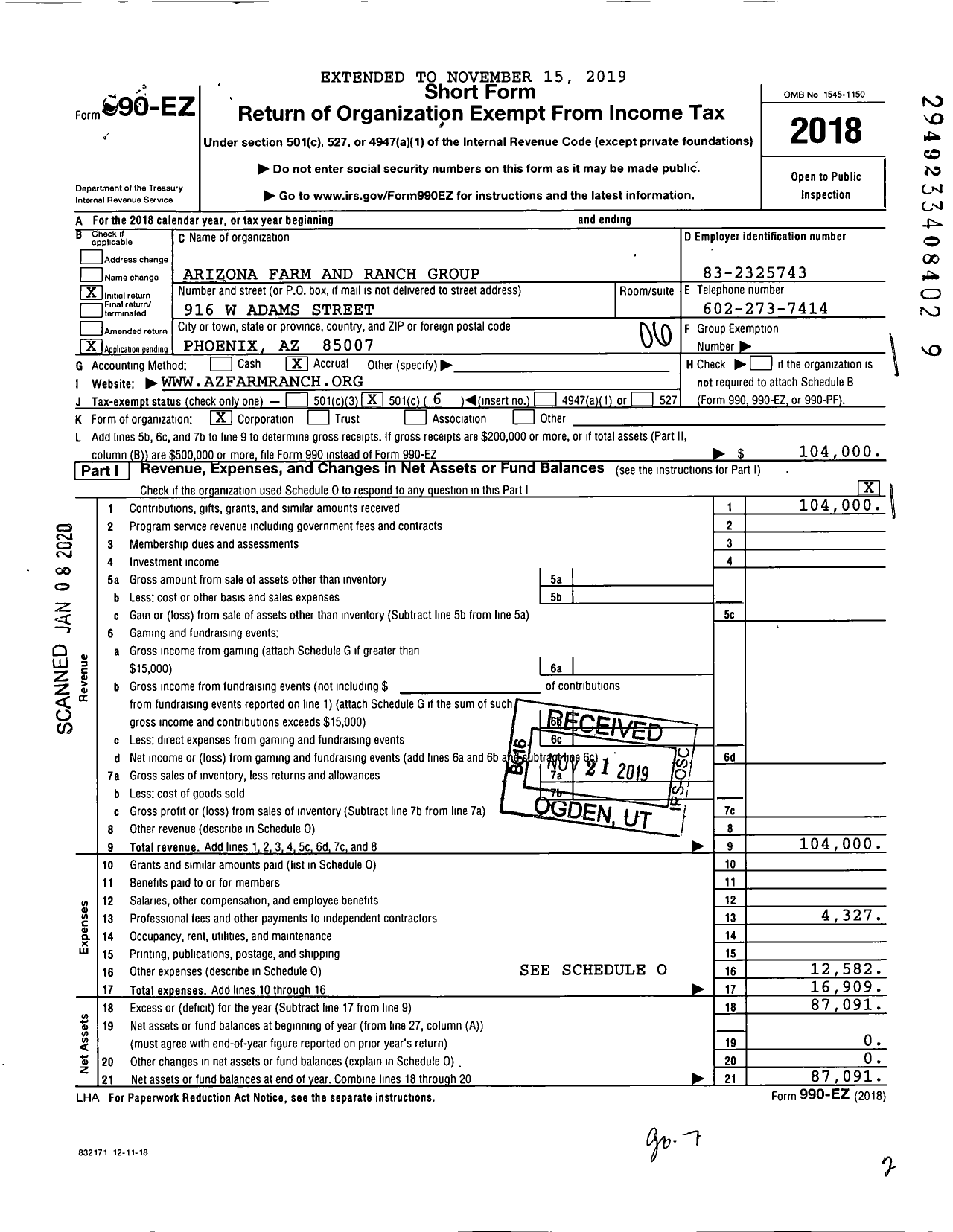 Image of first page of 2018 Form 990EO for Arizona Farm and Ranch Group