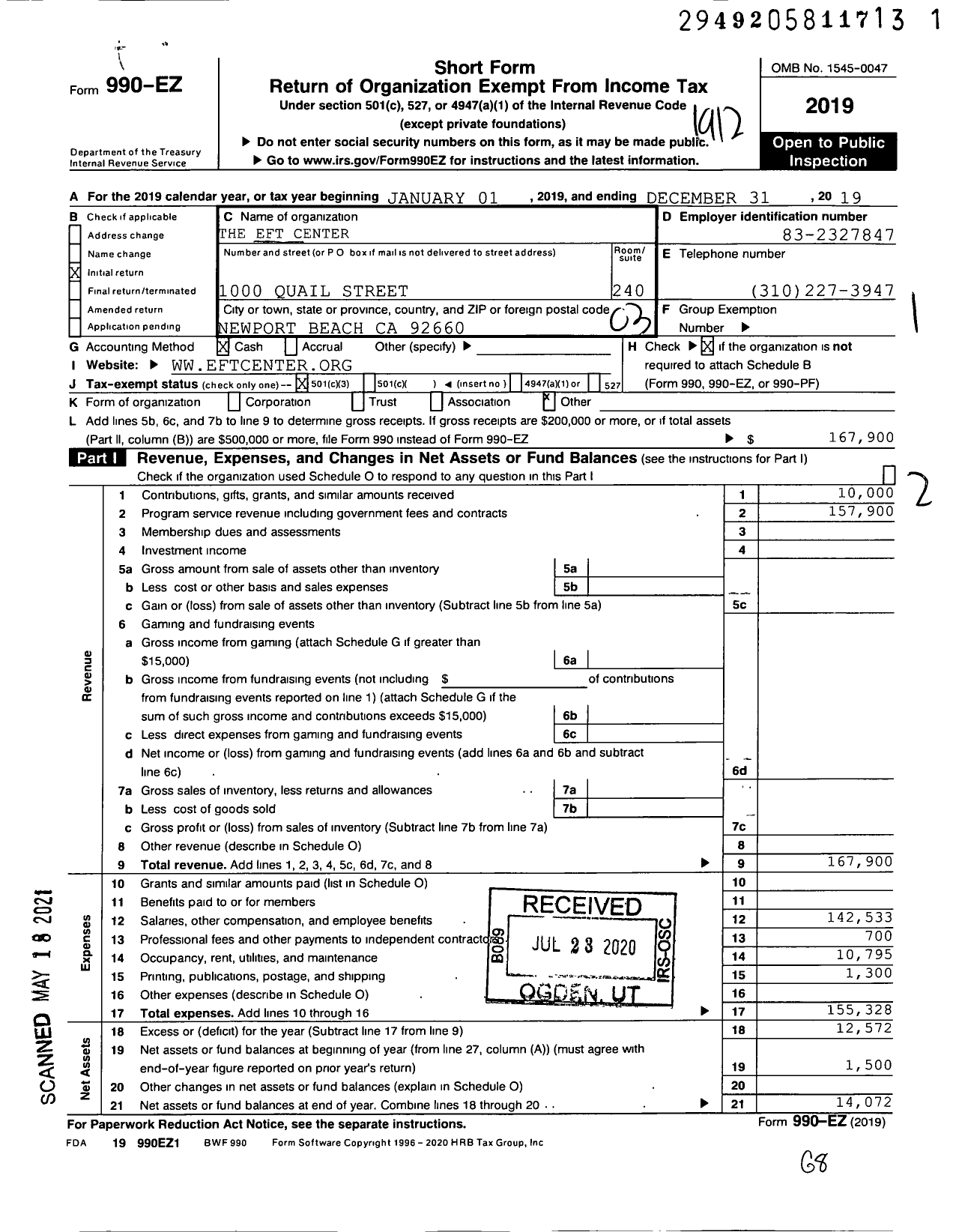 Image of first page of 2019 Form 990EZ for The Eft Center