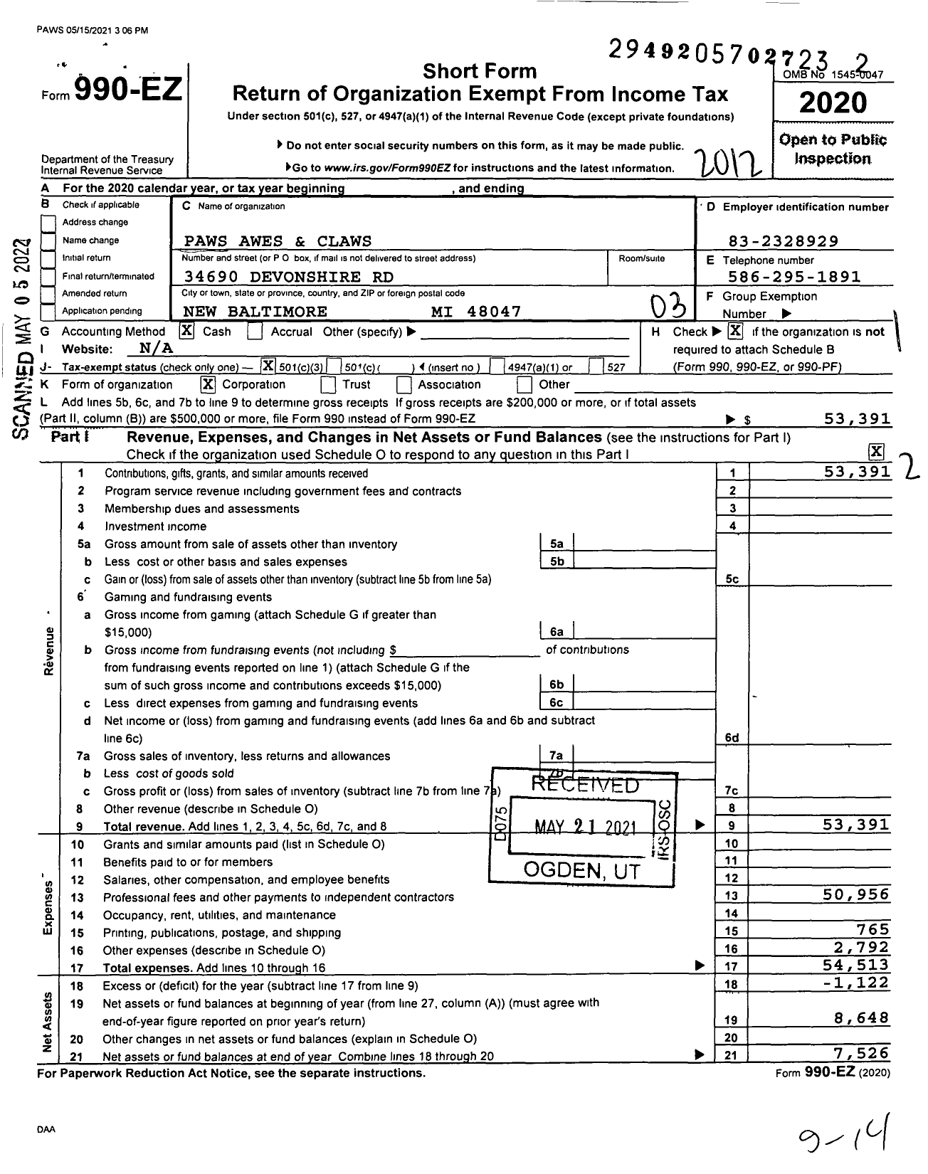 Image of first page of 2020 Form 990EZ for Paws Awes and Claws