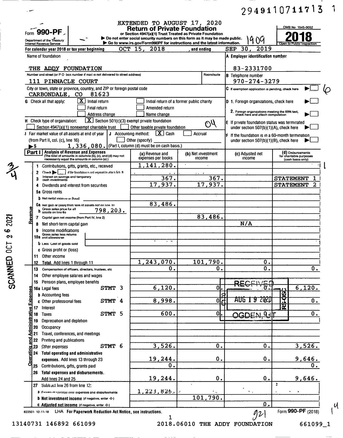 Image of first page of 2018 Form 990PF for The Addy Foundation