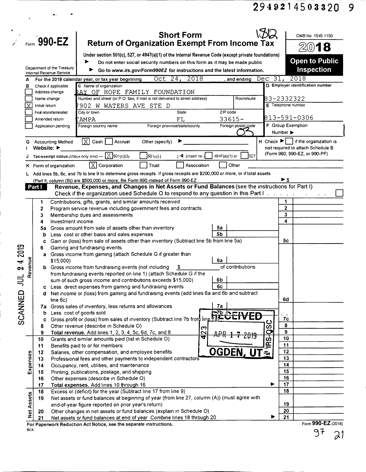 Image of first page of 2018 Form 990EZ for Ray of Hope Family Foundation