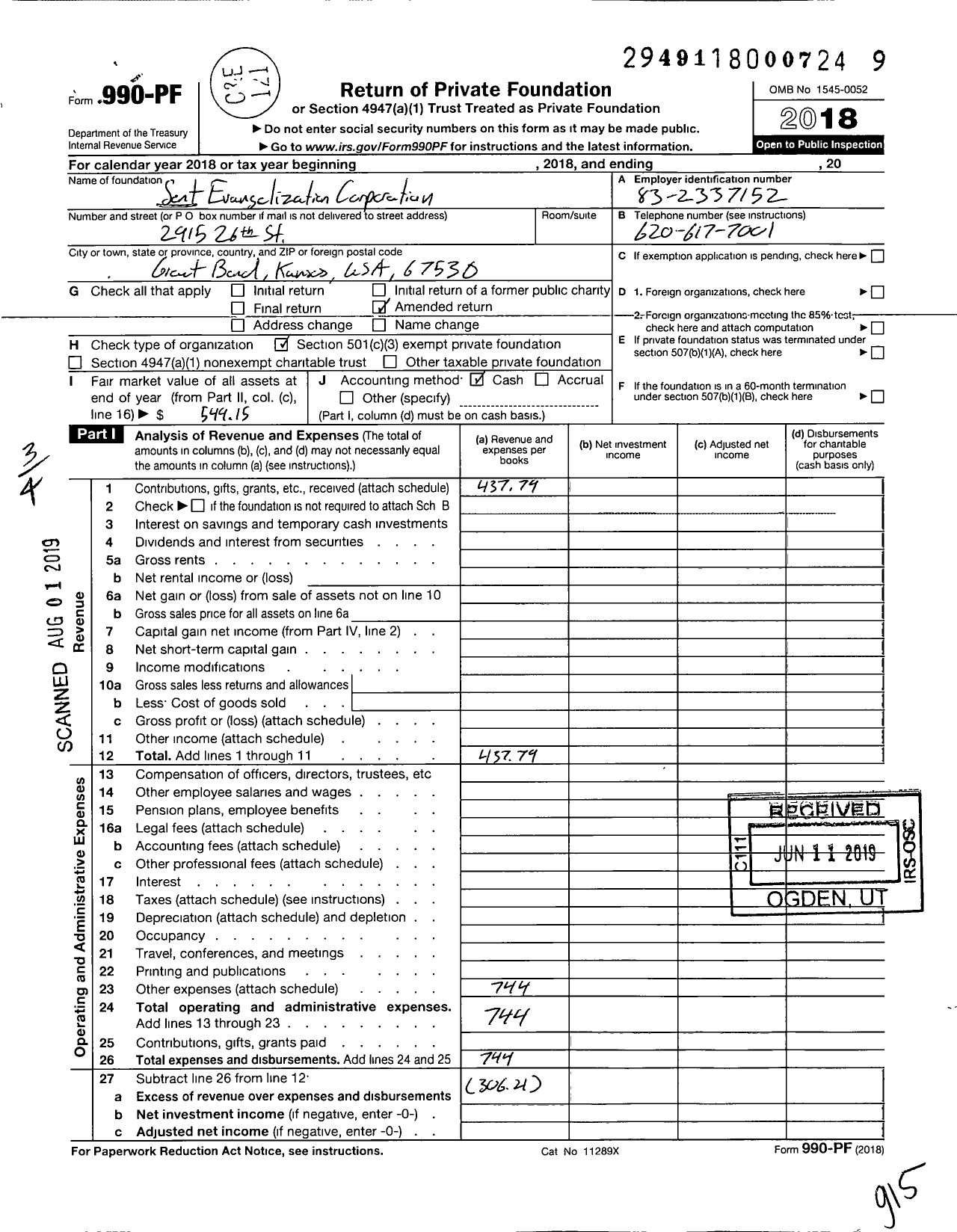 Image of first page of 2018 Form 990PF for Sent Evangelization Corporation