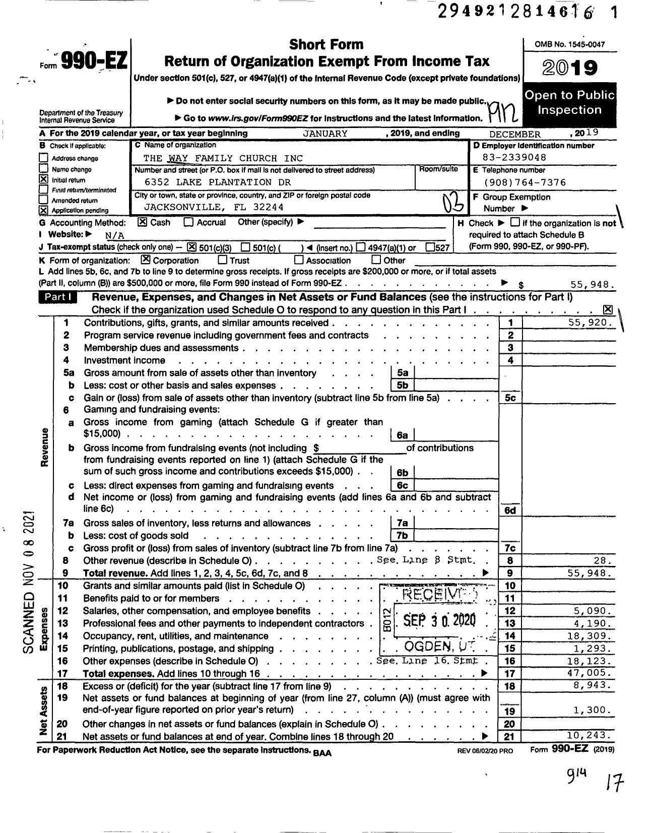 Image of first page of 2019 Form 990EZ for The Way Family Baptist Church