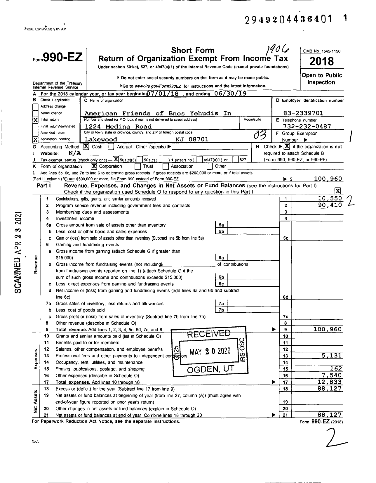 Image of first page of 2018 Form 990EZ for American Friends of Bnos Yehudis in