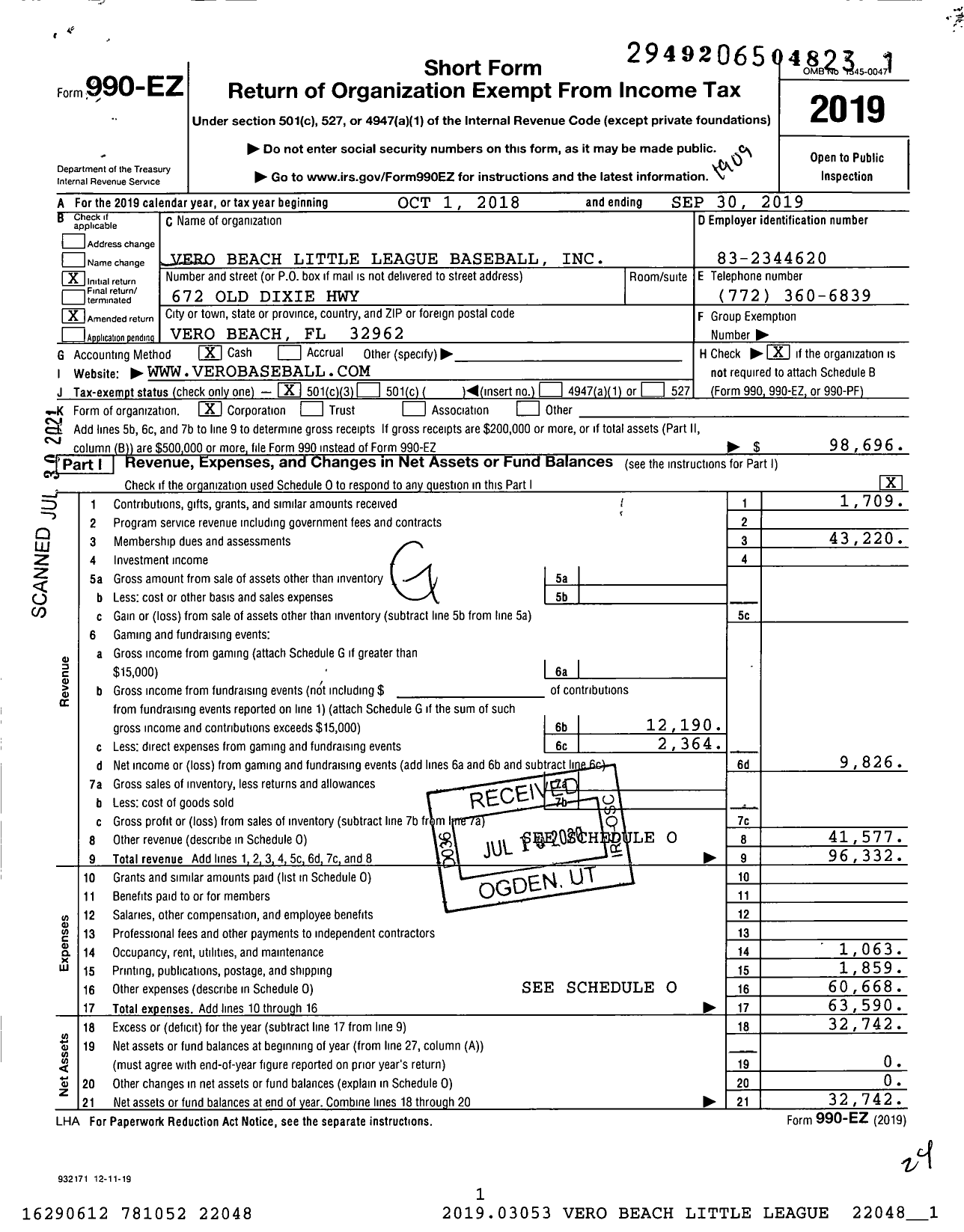 Image of first page of 2018 Form 990EZ for Little League Baseball - 3091702 Vero Beach LL