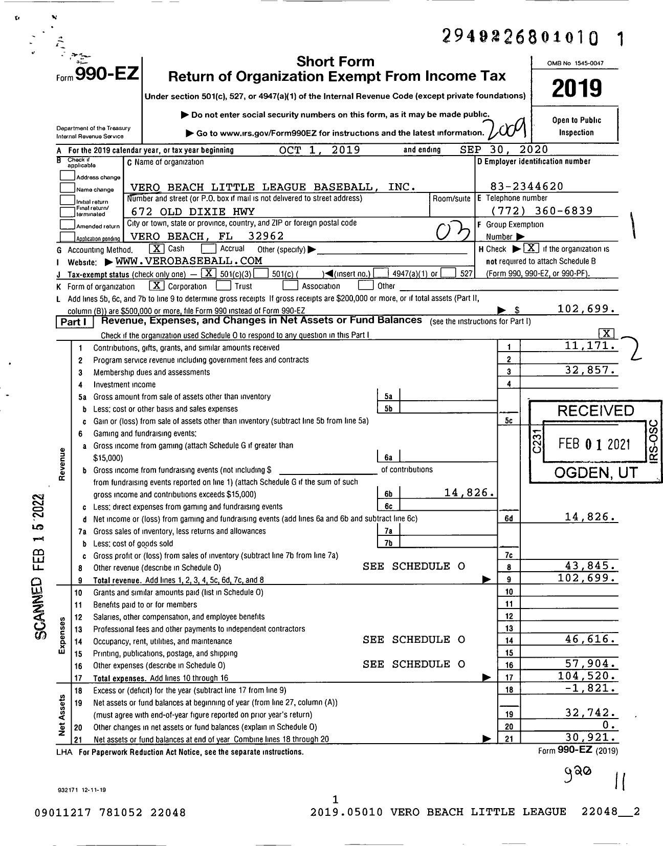 Image of first page of 2019 Form 990EZ for Little League Baseball - 3091702 Vero Beach LL