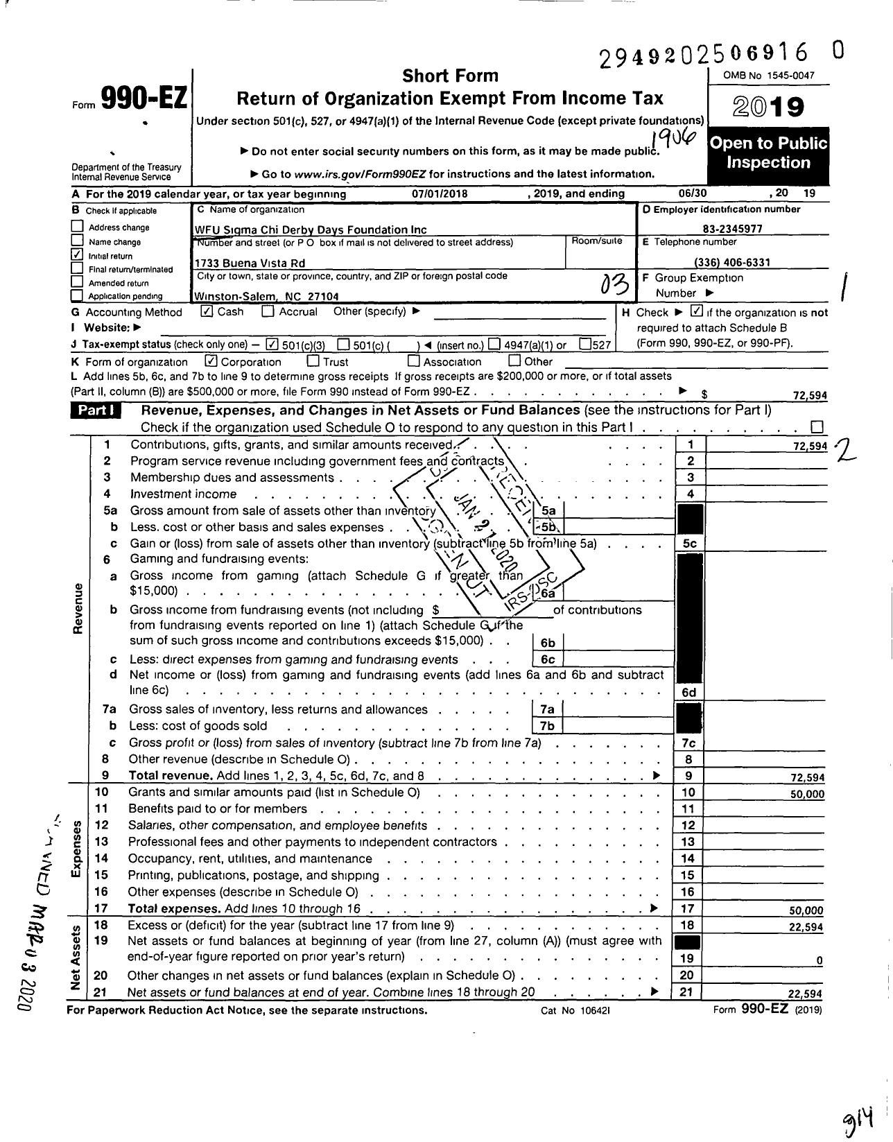 Image of first page of 2018 Form 990EZ for Wfu Sigma Chi Derby Days Foundation