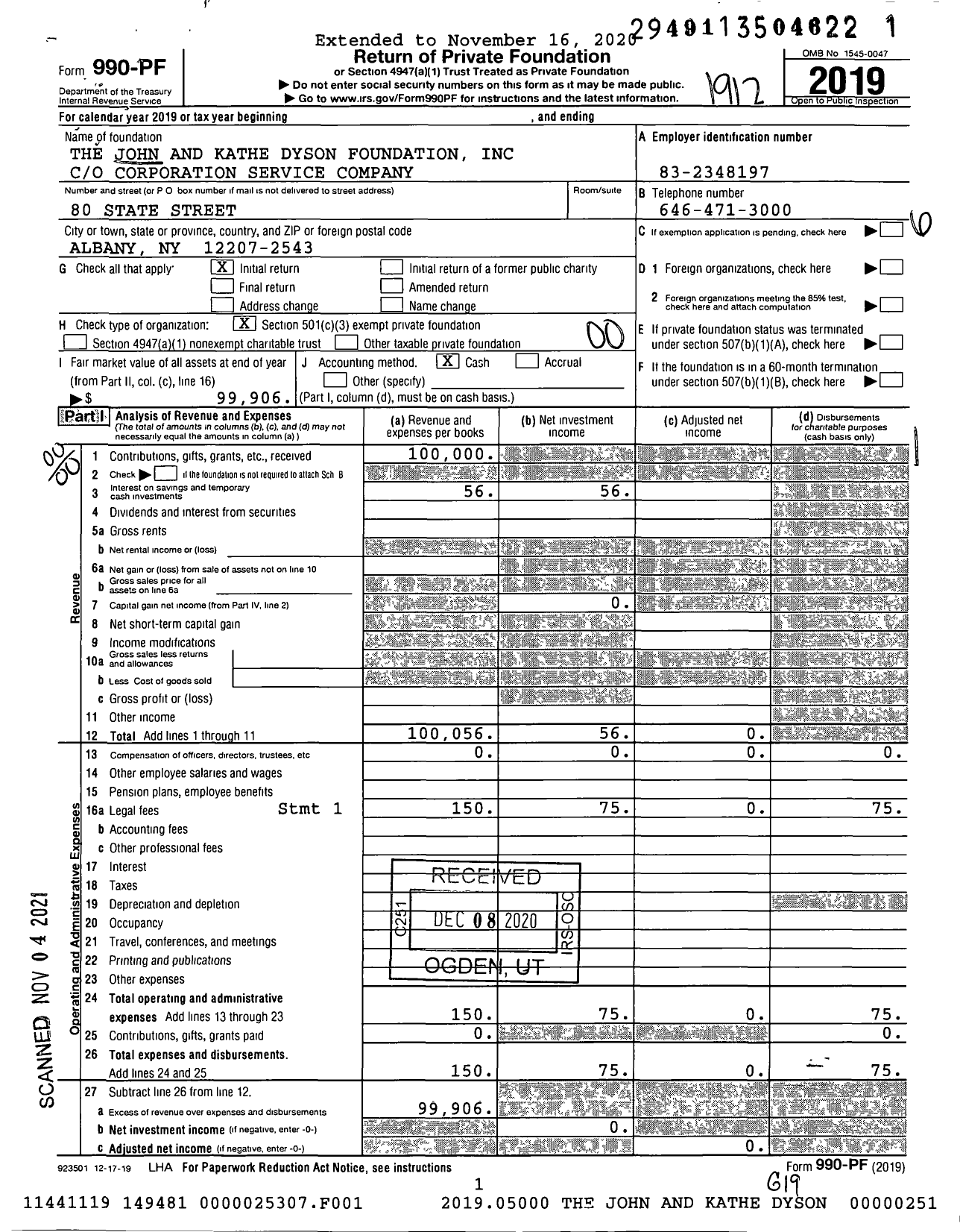 Image of first page of 2019 Form 990PF for The John and Kathe Dyson Foundation