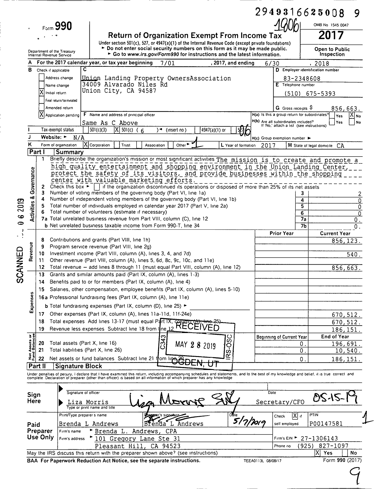 Image of first page of 2017 Form 990O for Union Landing Property OwnersAssociation