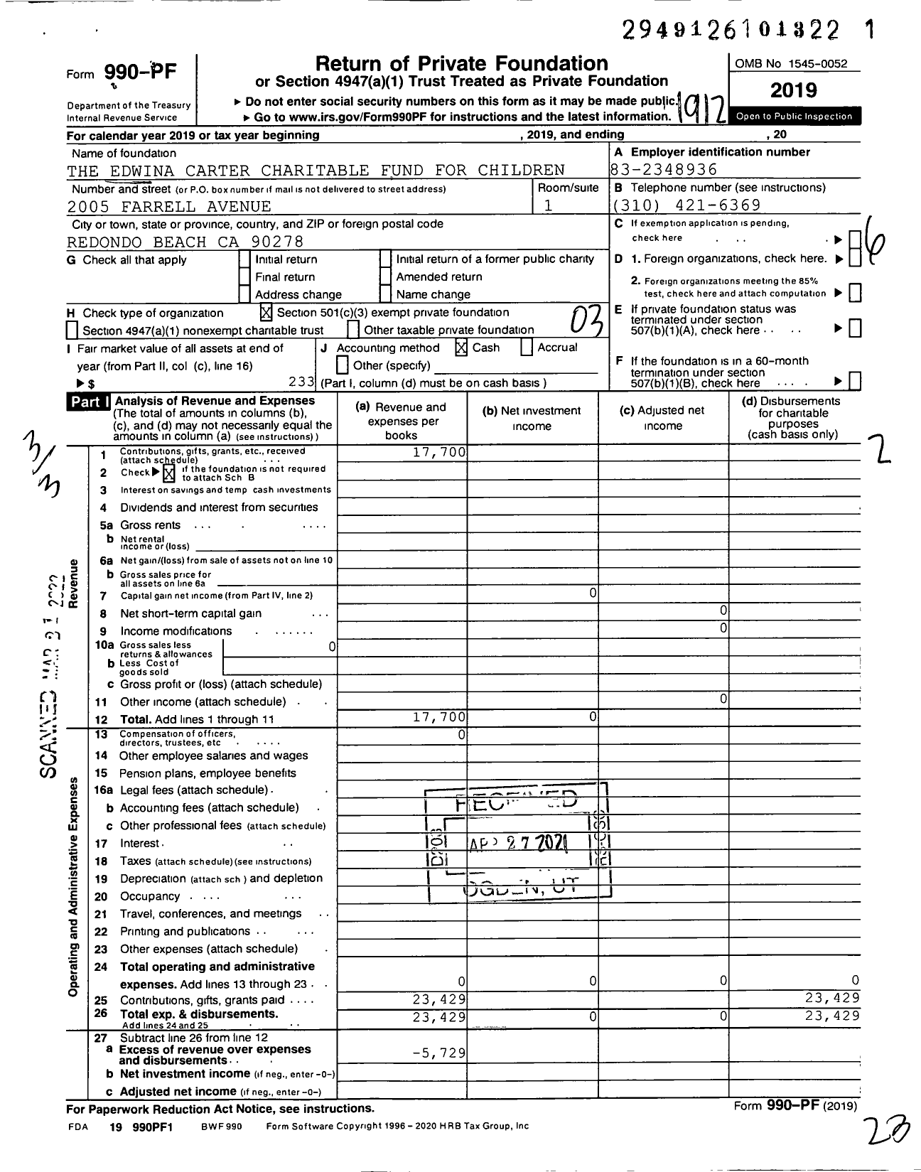 Image of first page of 2019 Form 990PF for Edwina Carter Charitable Fund for Children