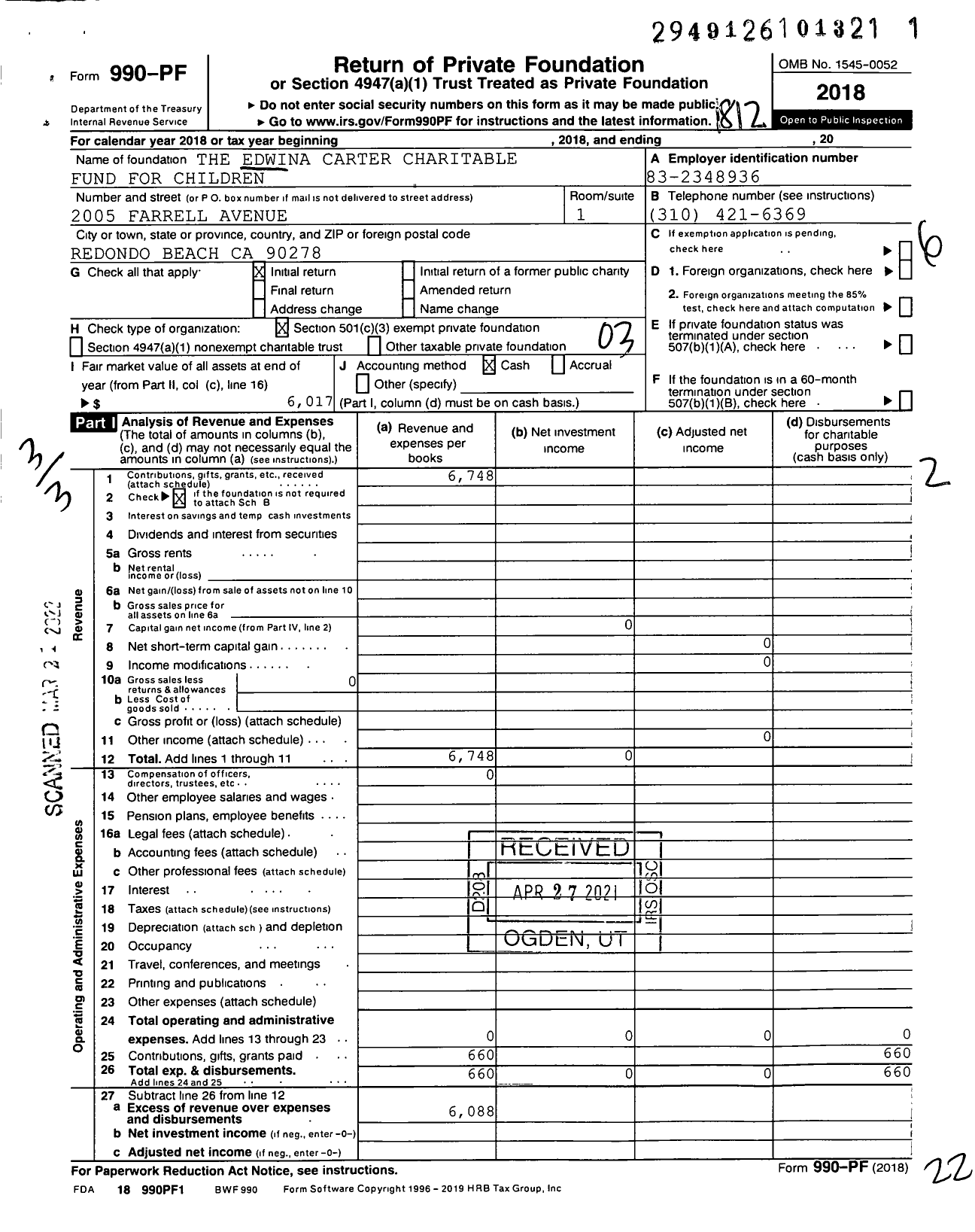 Image of first page of 2018 Form 990PF for Edwina Carter Charitable Fund for Children