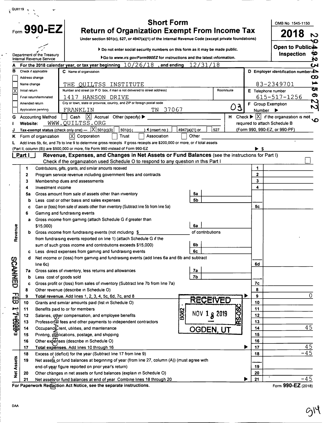 Image of first page of 2018 Form 990EZ for The Quiltss Institute