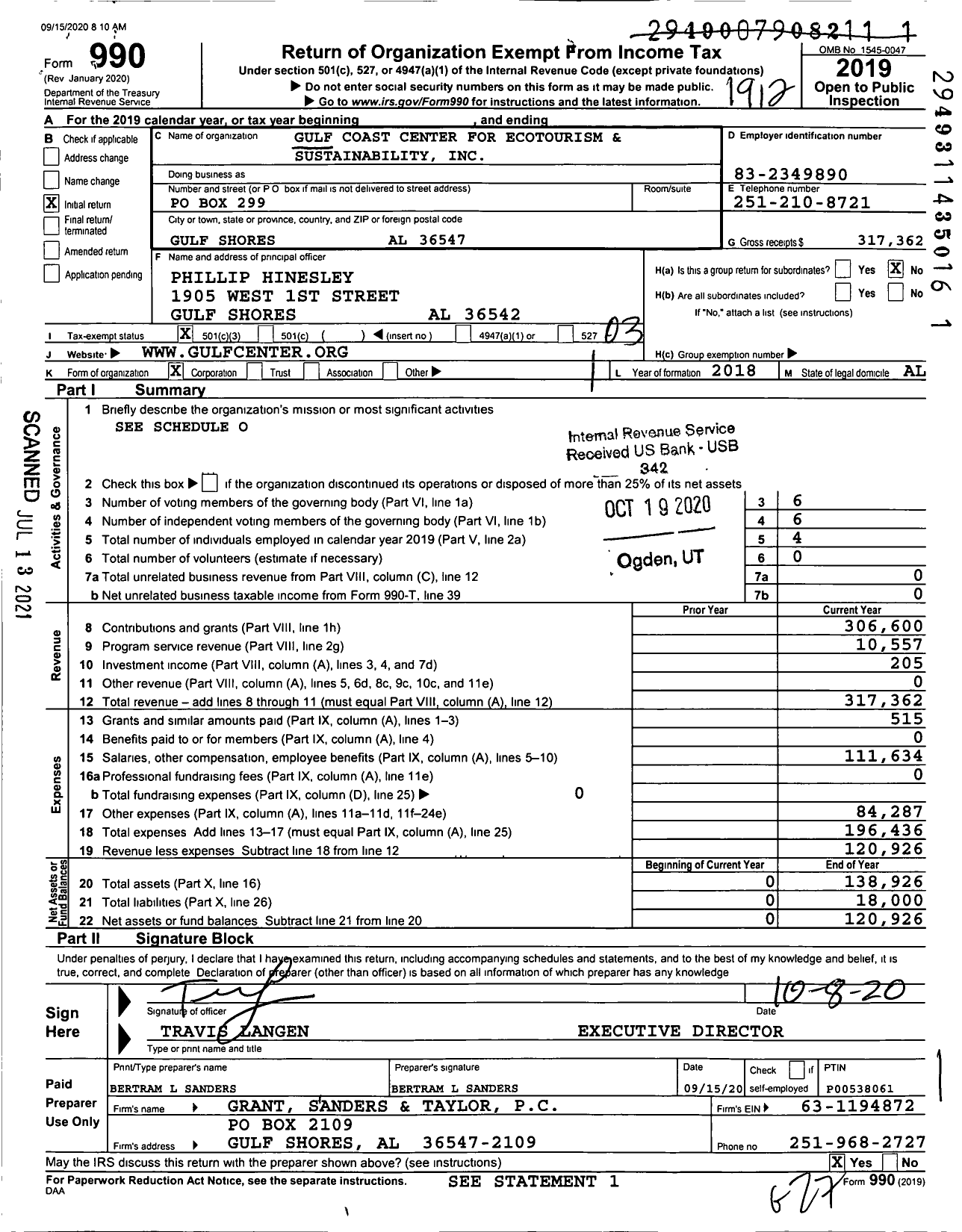 Image of first page of 2019 Form 990 for Gulf Coast Center for Ecotourism and Sustainability