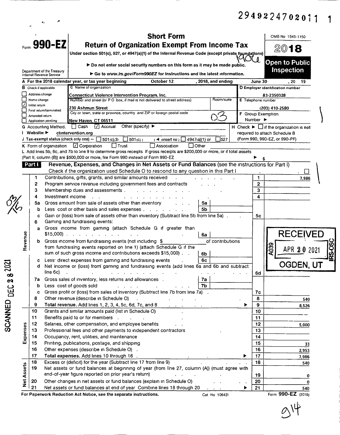 Image of first page of 2018 Form 990EZ for Connecticut Violence Intervention Program