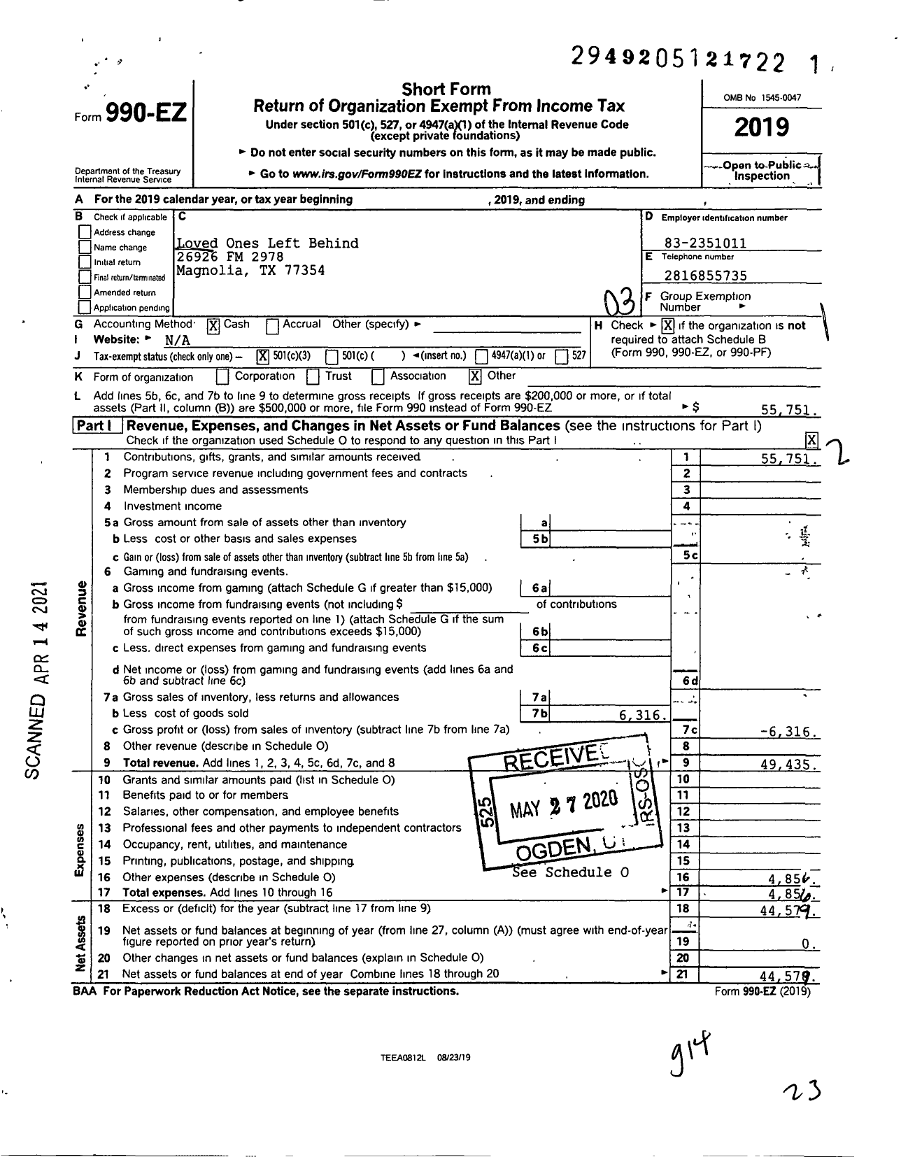 Image of first page of 2019 Form 990EZ for The Loved Ones Left Behind