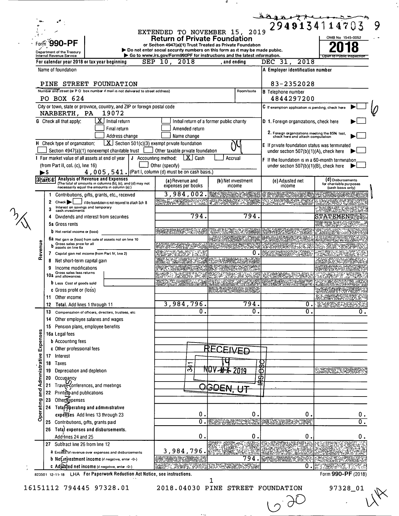 Image of first page of 2018 Form 990PF for Pine Street Foundation