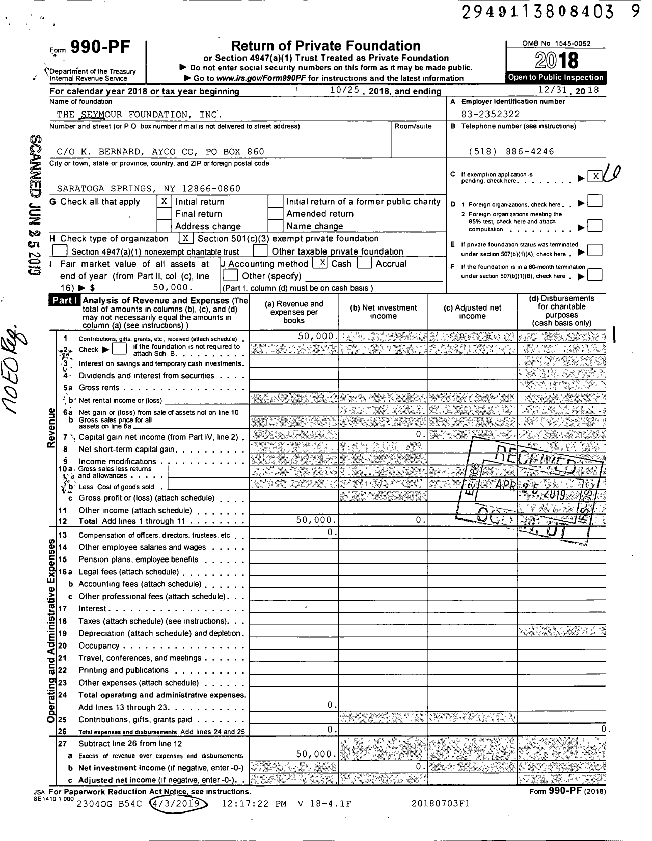 Image of first page of 2018 Form 990PF for The Seymour Foundation