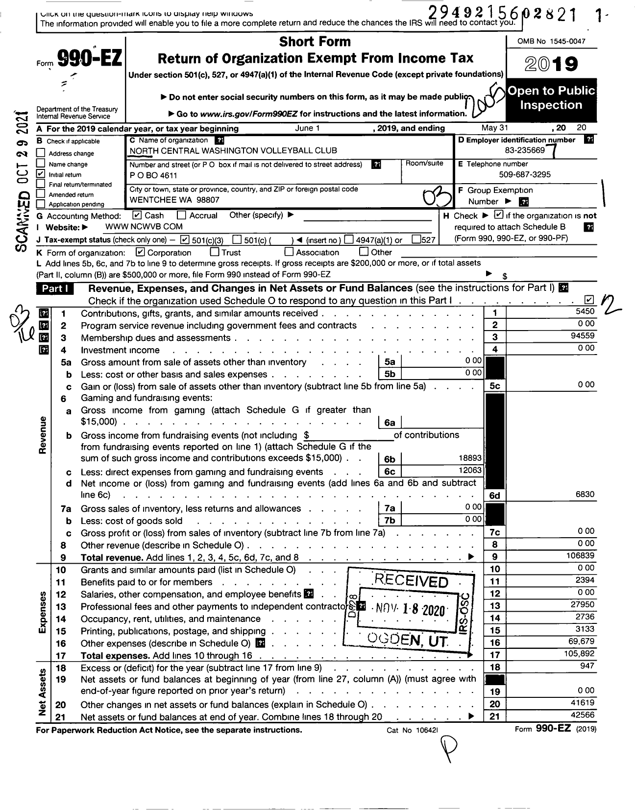 Image of first page of 2019 Form 990EZ for North Central Washington Volleyball Club (NCWVBC)