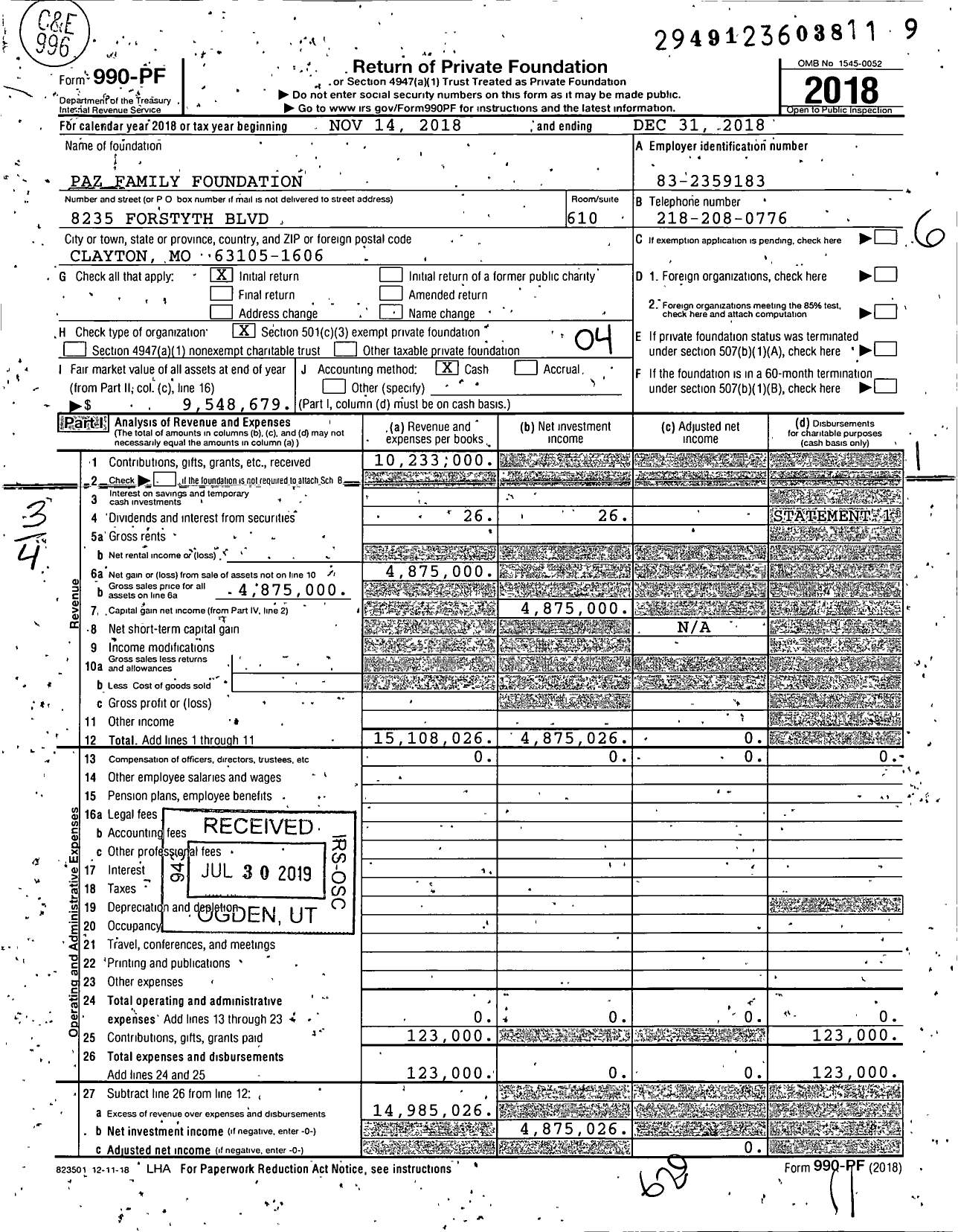 Image of first page of 2018 Form 990PF for Paz Family Foundation