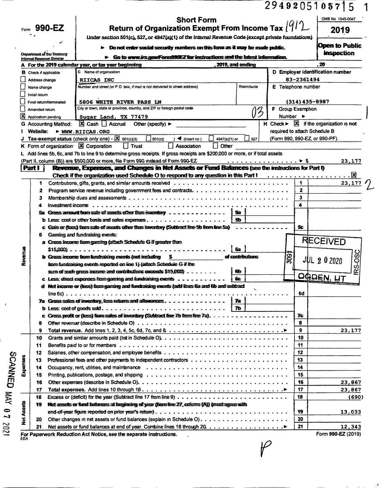 Image of first page of 2019 Form 990EZ for Riicas