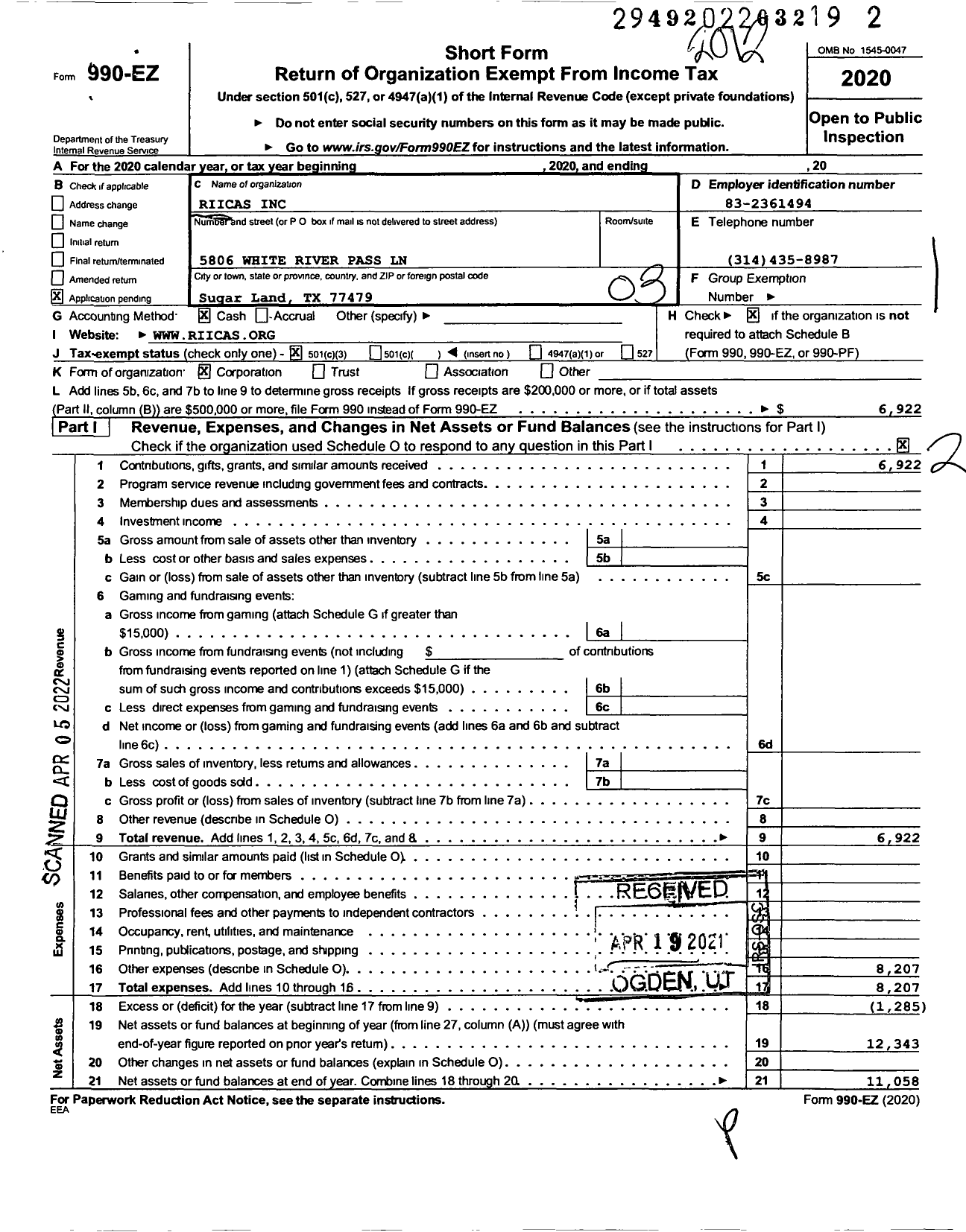 Image of first page of 2020 Form 990EZ for Riicas