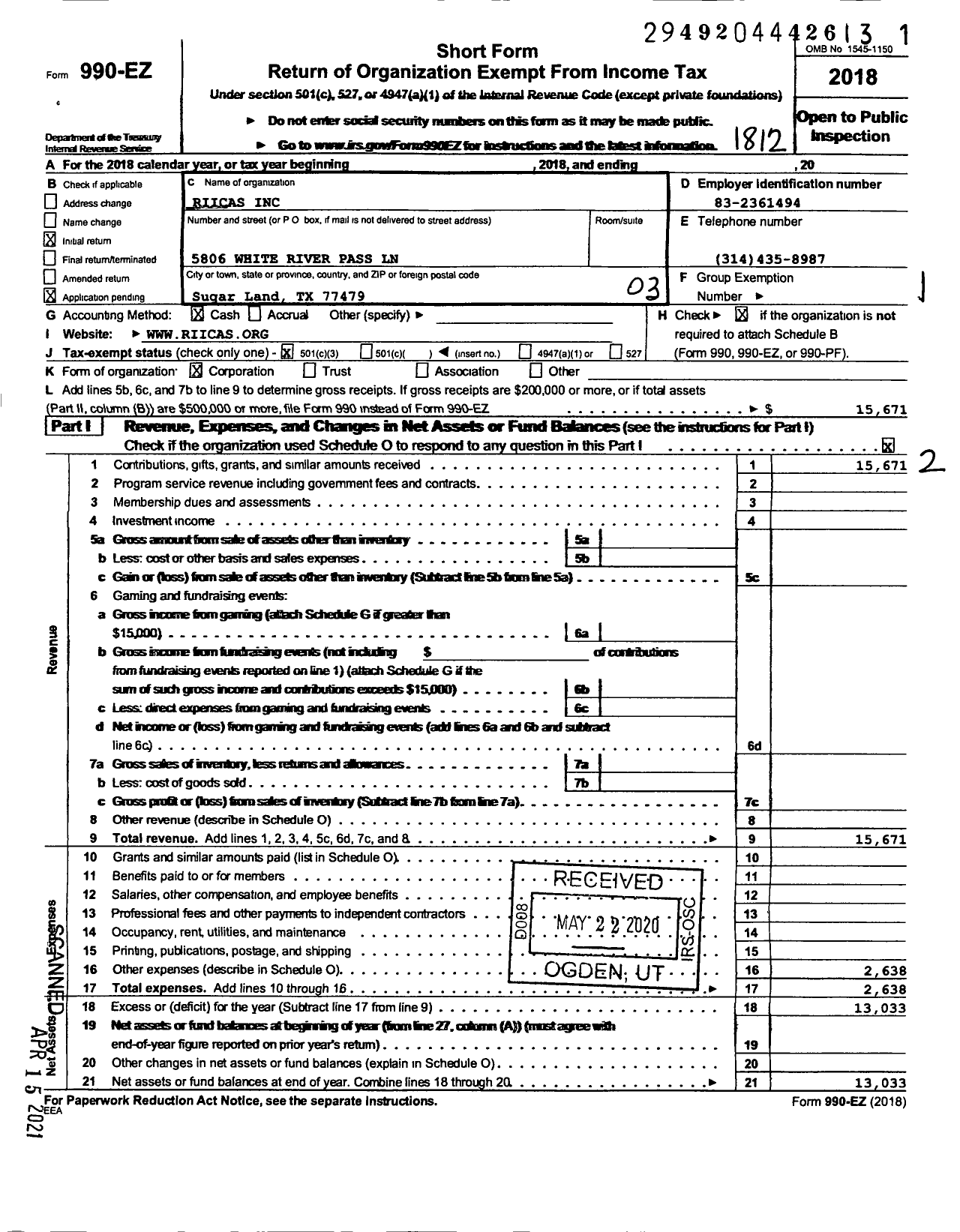 Image of first page of 2018 Form 990EZ for Riicas