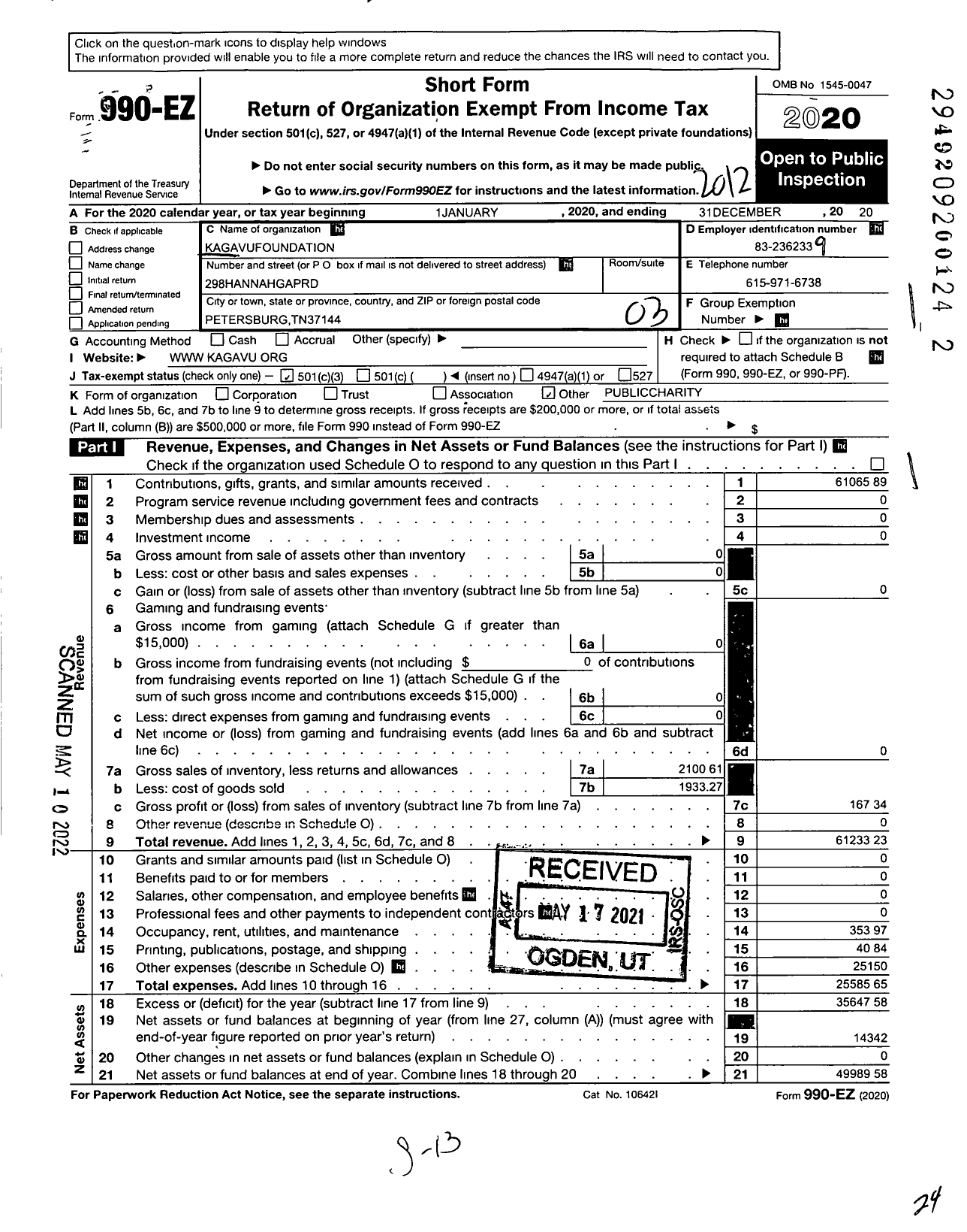 Image of first page of 2020 Form 990EZ for Kagavu Foundation