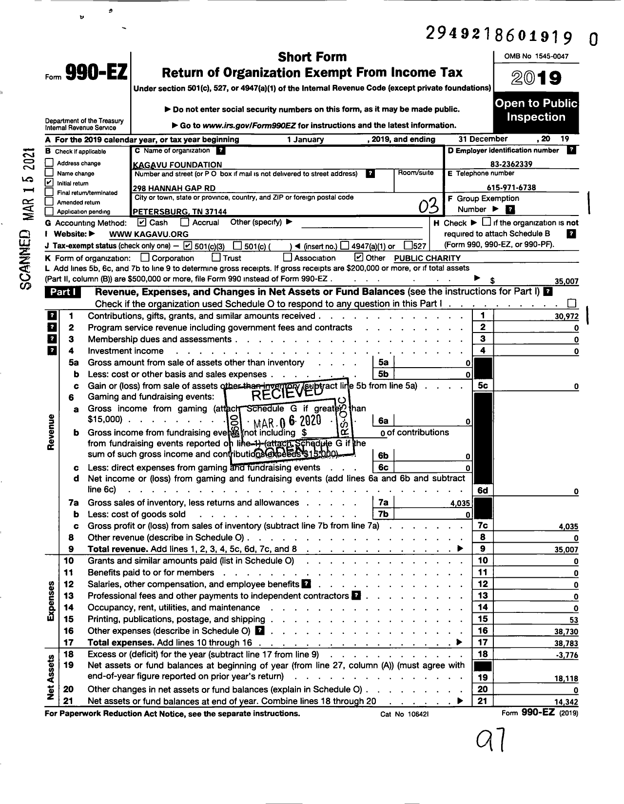 Image of first page of 2019 Form 990EZ for Kagavu Foundation