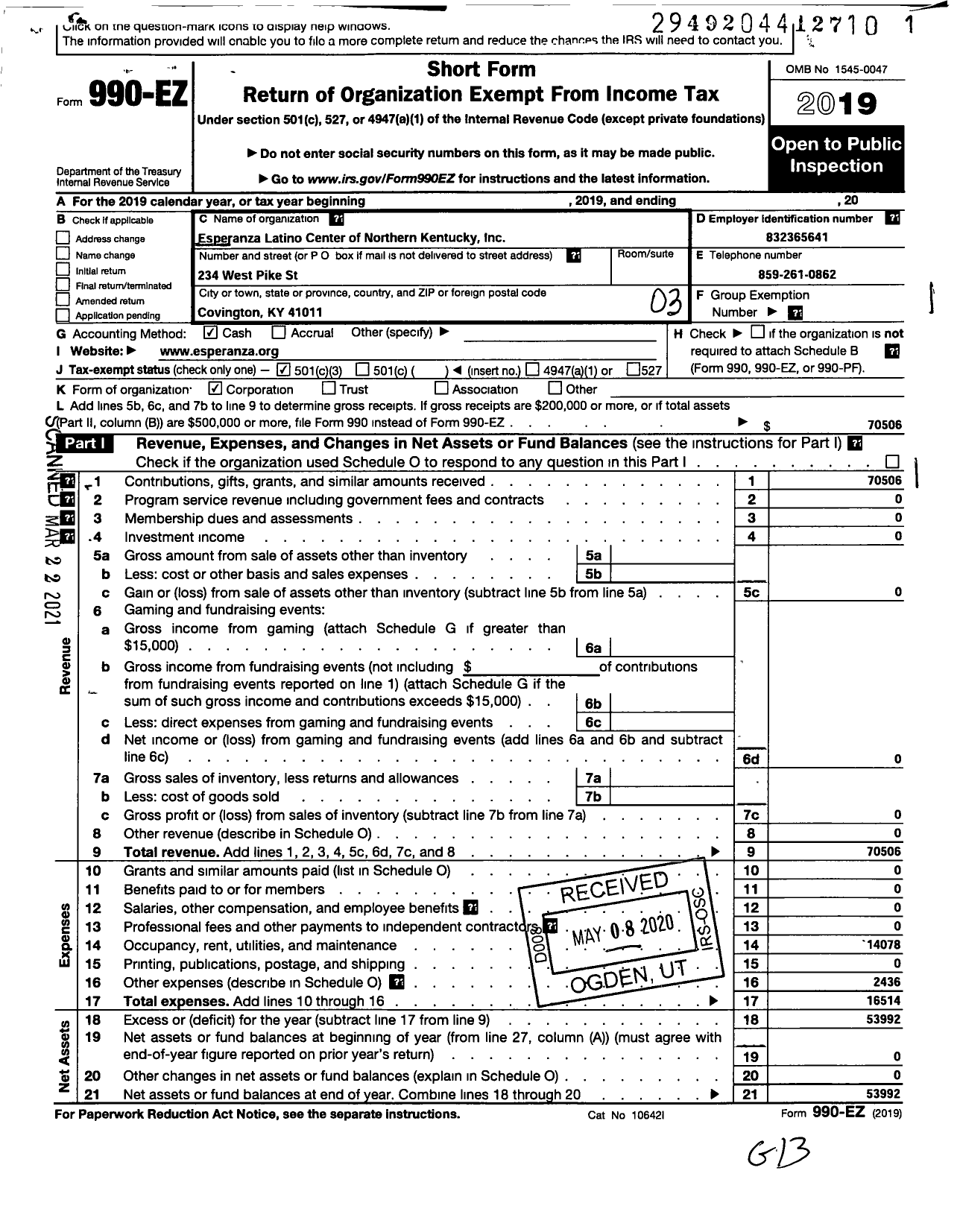 Image of first page of 2019 Form 990EZ for Esperanza Latino Center of Northern Kentucky