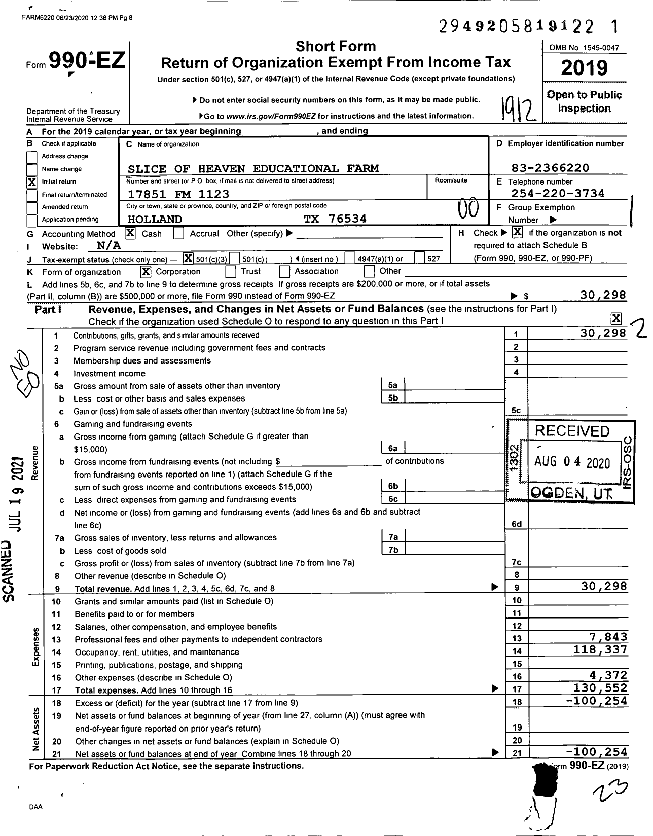 Image of first page of 2019 Form 990EO for Slice of Heaven Educational Farm