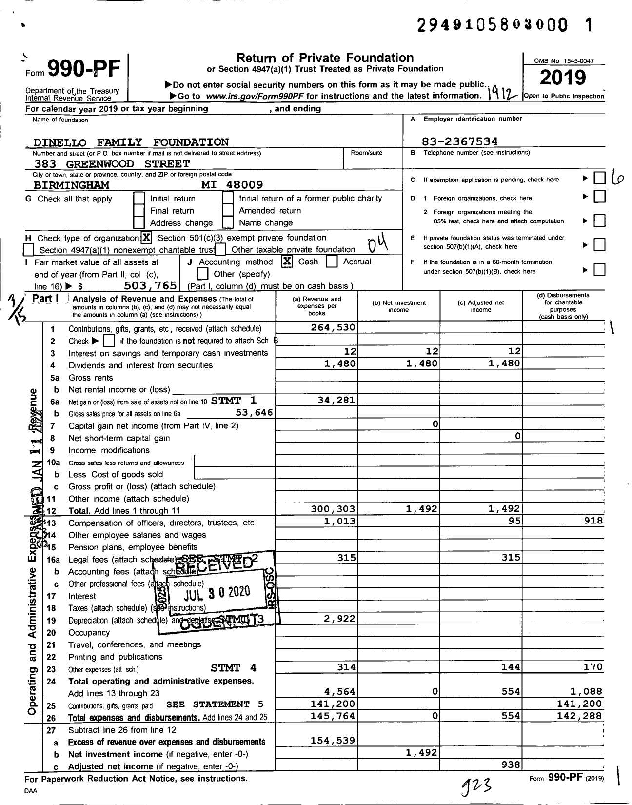 Image of first page of 2019 Form 990PF for Dinello Family Foundation