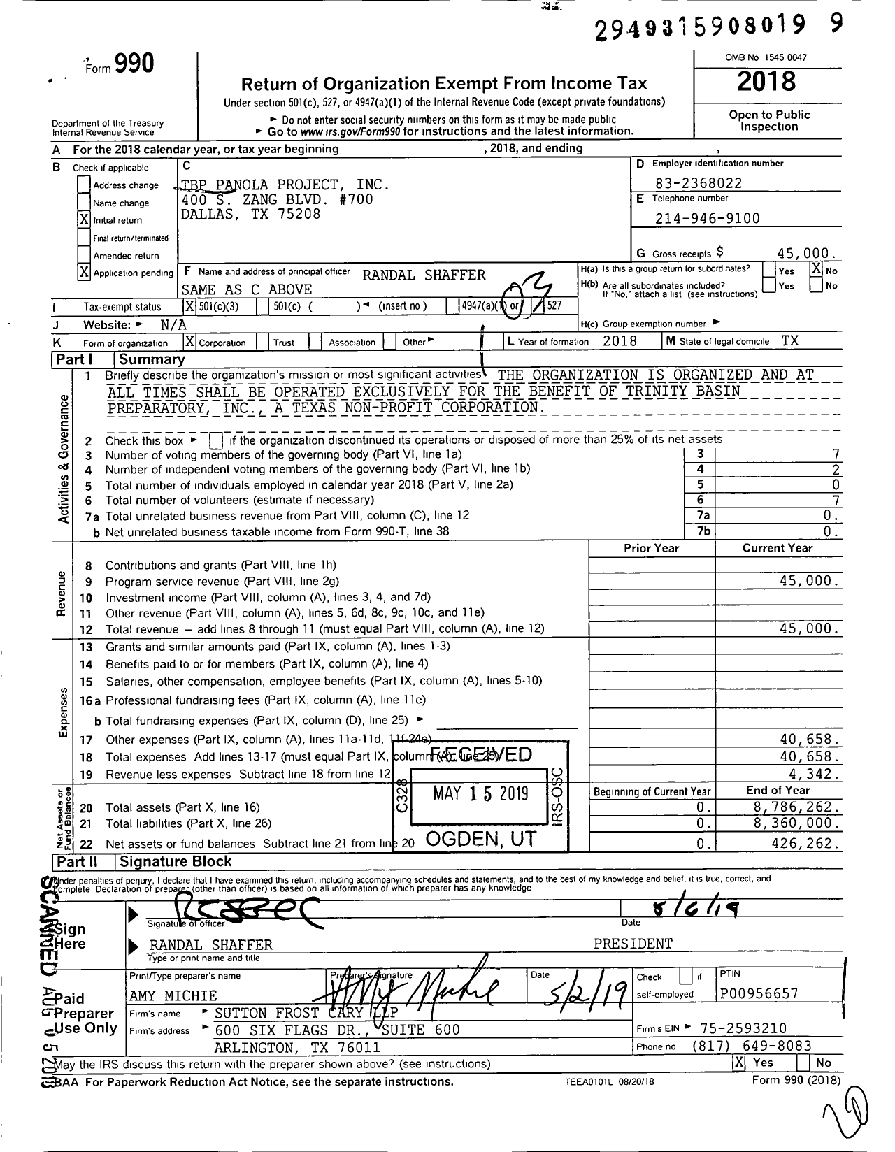 Image of first page of 2018 Form 990 for TBP Panola Project