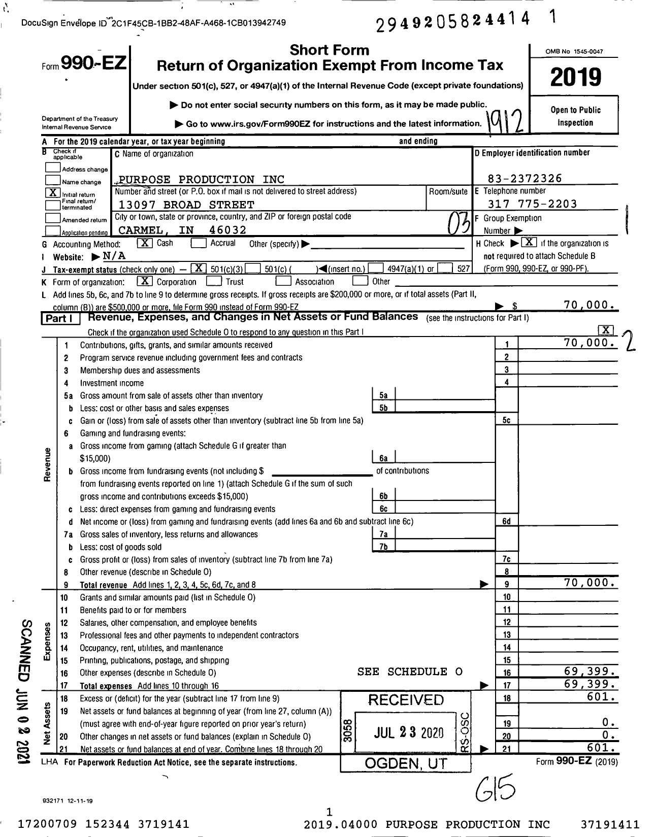 Image of first page of 2019 Form 990EZ for Purpose Productions