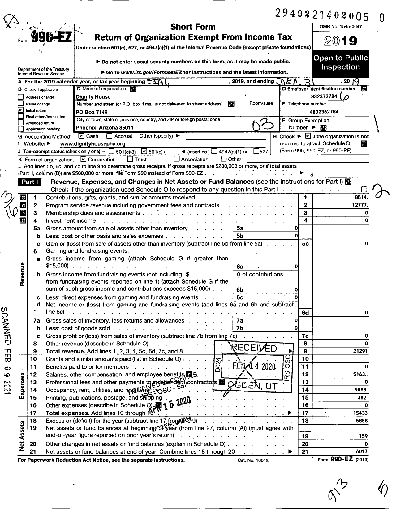 Image of first page of 2019 Form 990EZ for Dignity House