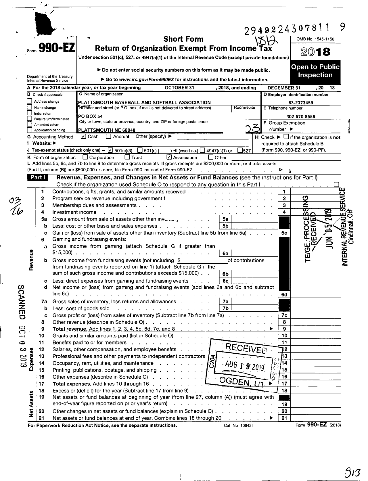 Image of first page of 2018 Form 990EZ for Plattsmouth Baseball and Softball Association