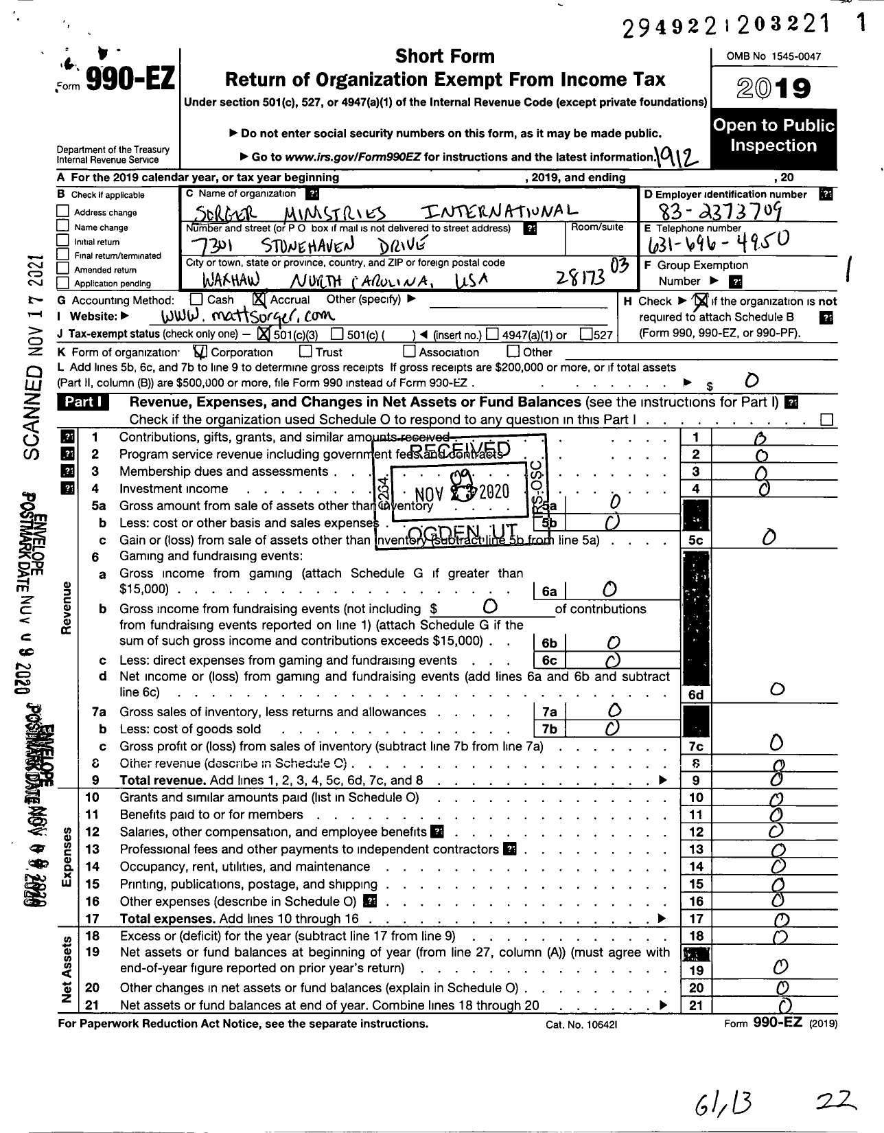 Image of first page of 2019 Form 990EZ for Matt Sorger Ministries / Sorger Ministries International