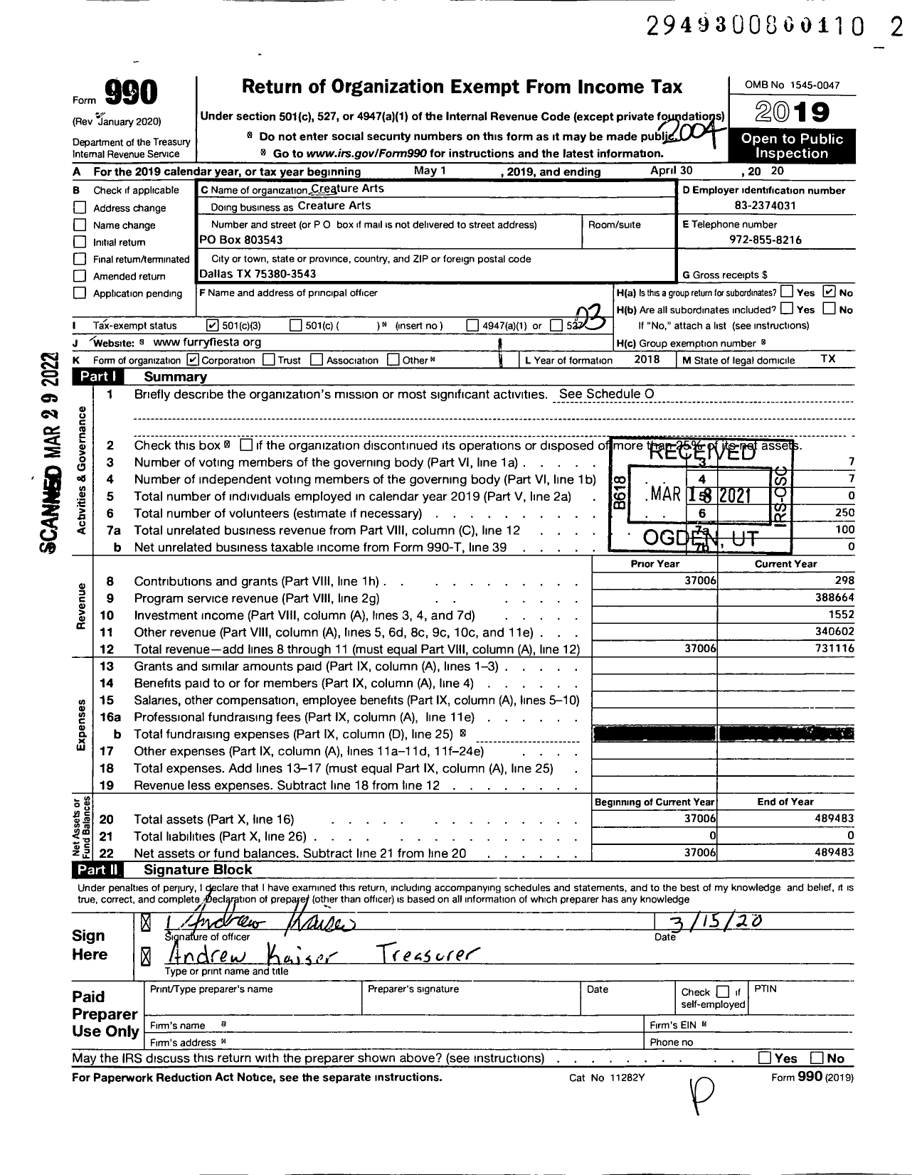 Image of first page of 2019 Form 990 for Creature Arts