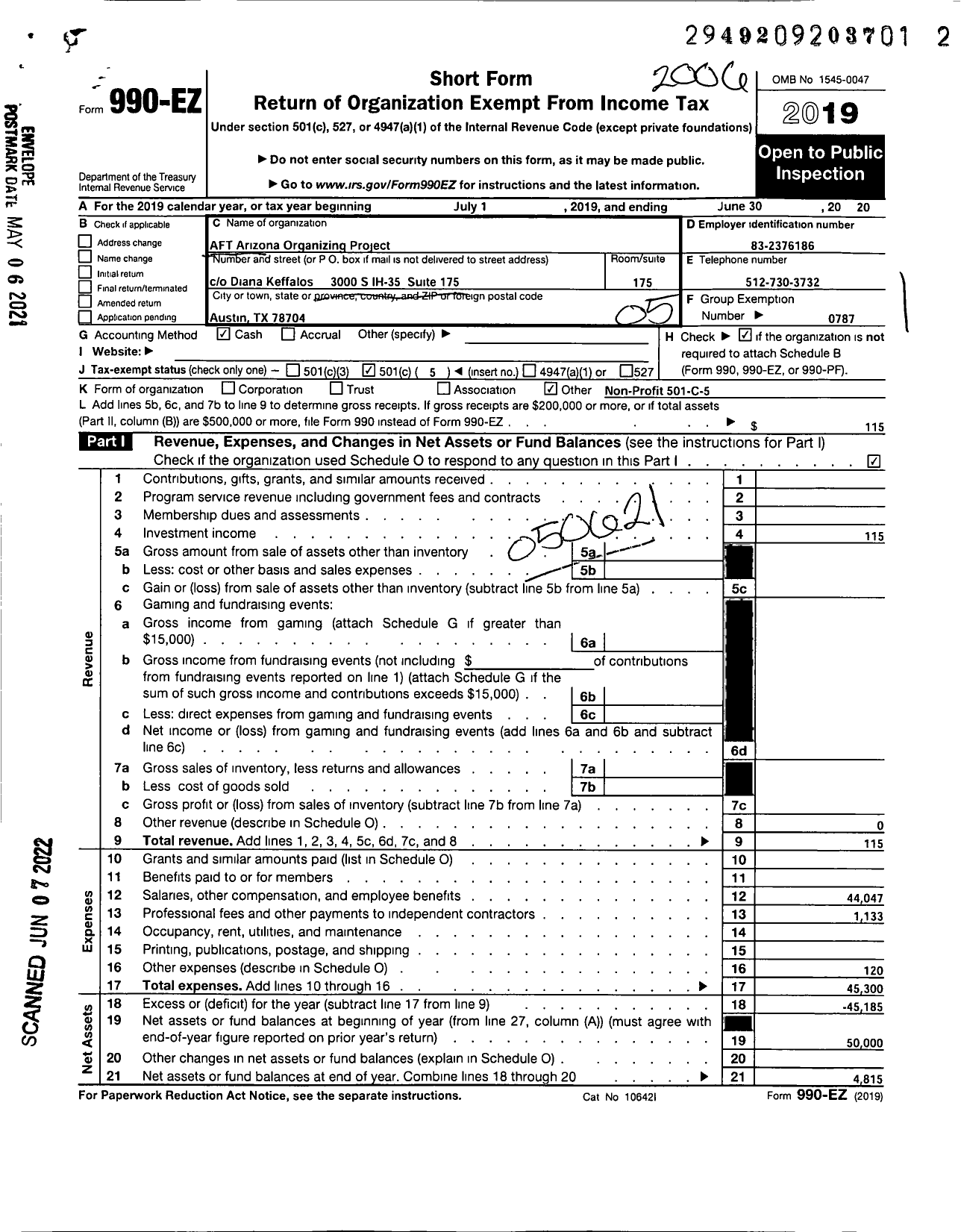 Image of first page of 2019 Form 990EO for AMERICAN FEDERATION OF TEACHERS - AFT Organizing Project