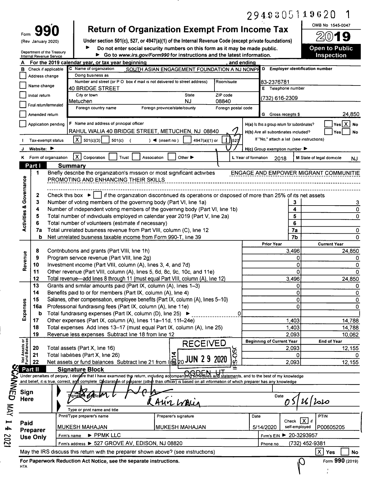 Image of first page of 2019 Form 990 for South Asian Engagement Foundation A NJ Nonprofit