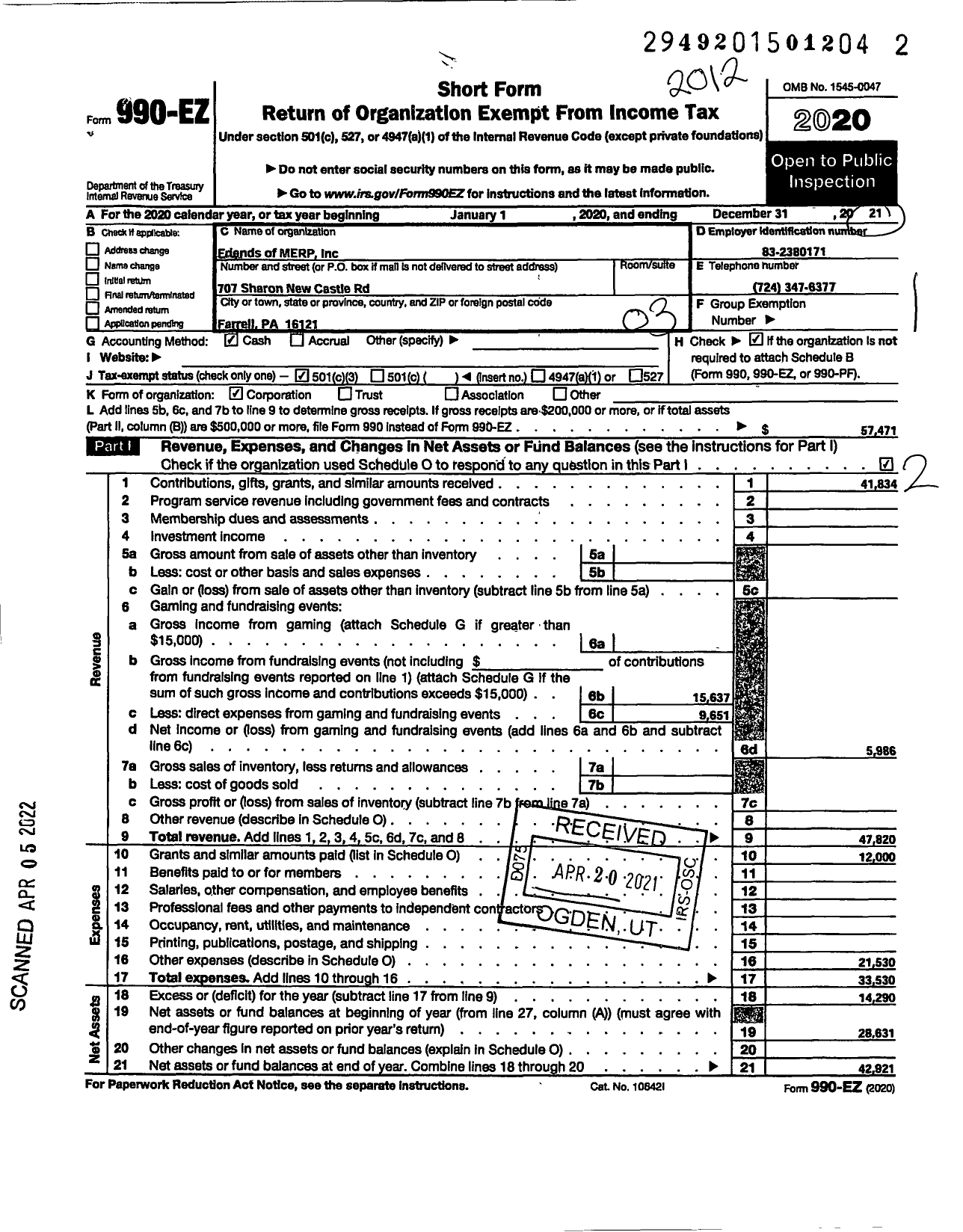 Image of first page of 2020 Form 990EZ for Friends of Merp